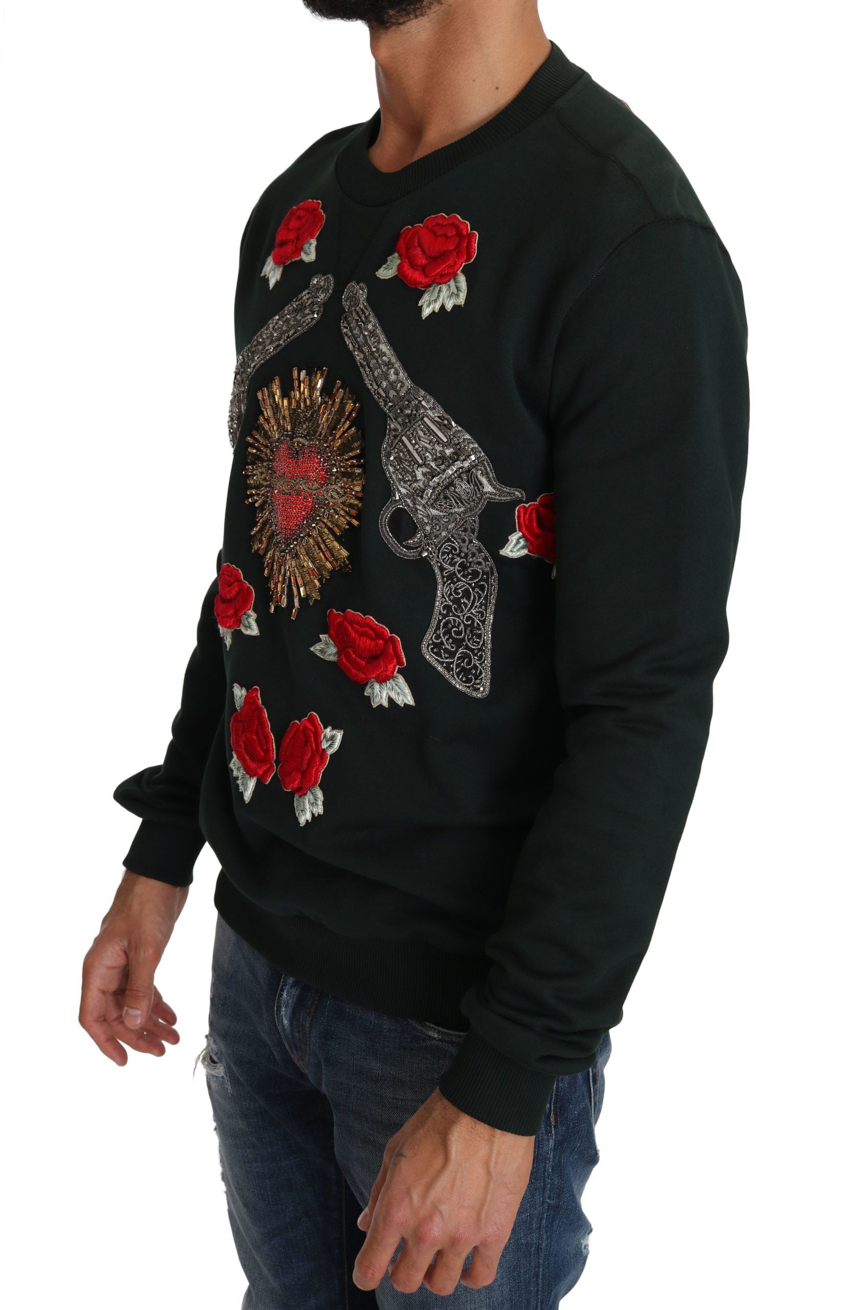 Pulover Dolce &amp; Gabbana din bumbac smarald cu broderie cu cristale