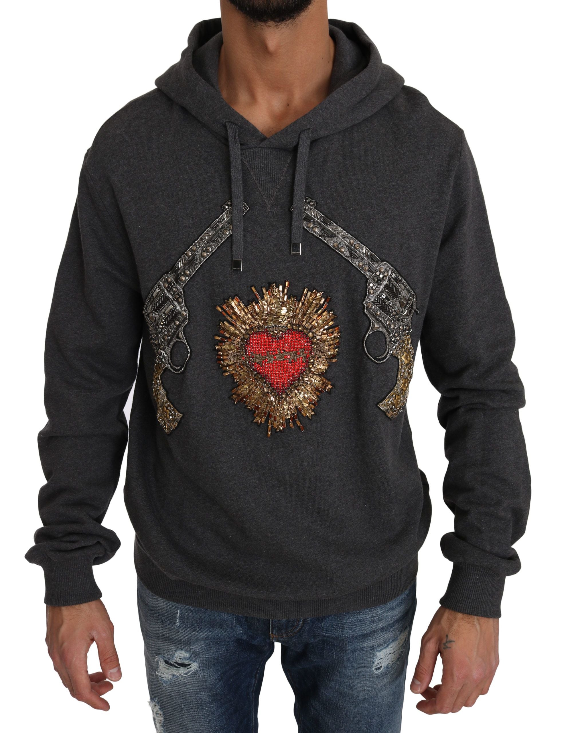 Pulover Dolce &amp; Gabbana gri cu motive de pistol cu ​​cristale și inimă
