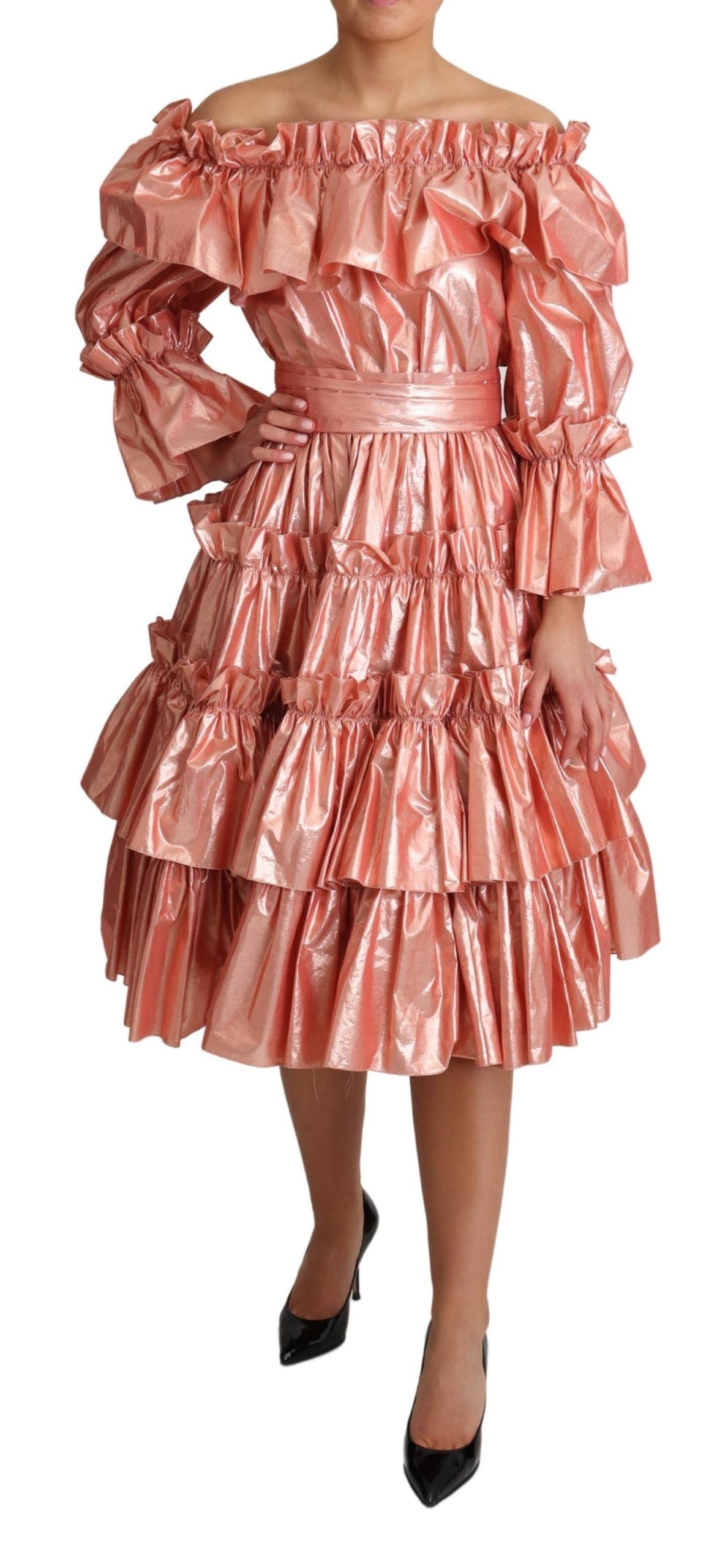 Rochie Dolce &amp; Gabbana roz metalică cu volane Elegance