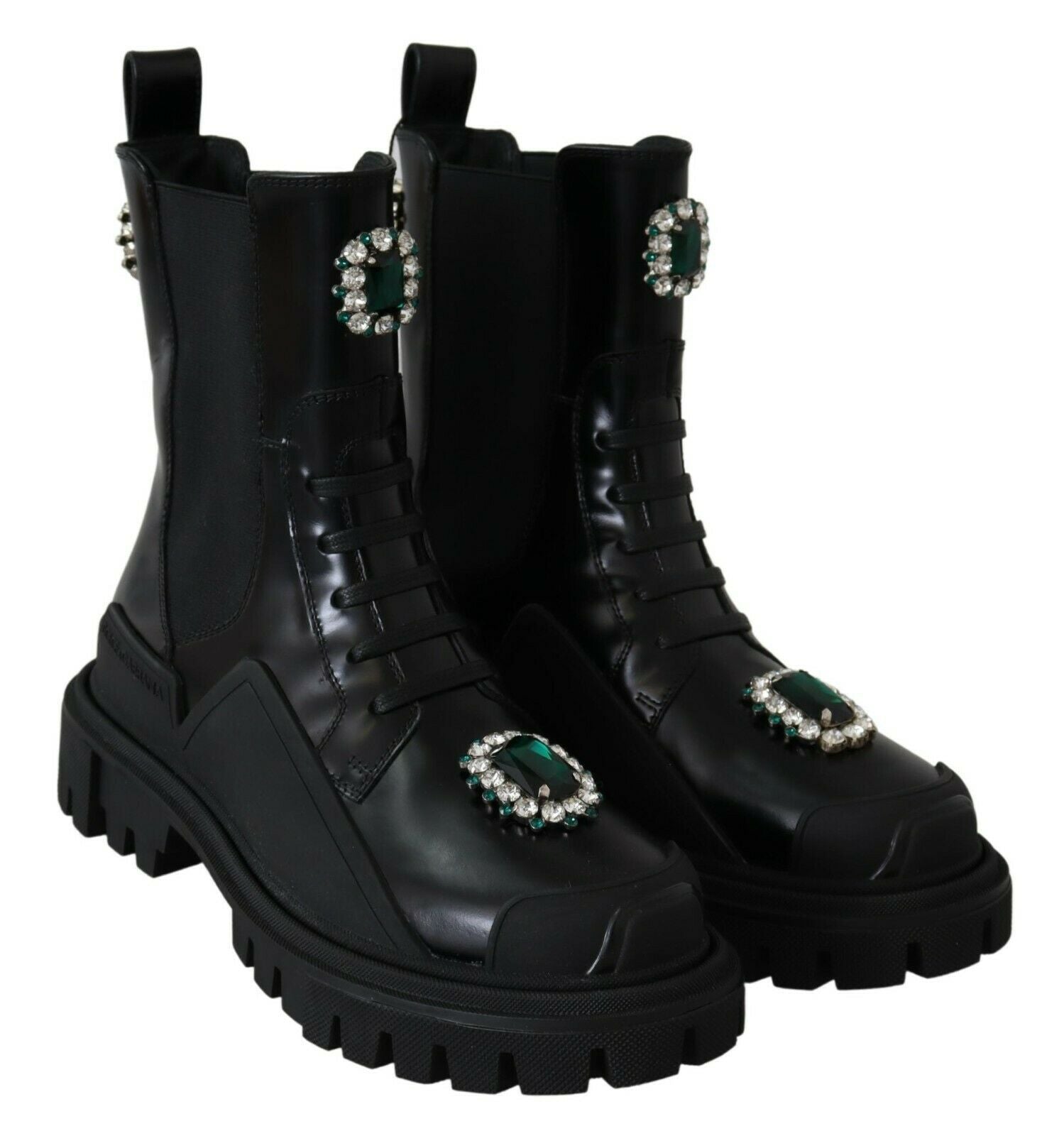 Ghete militare elegante din piele neagră Dolce &amp; Gabbana cu detalii din cristale