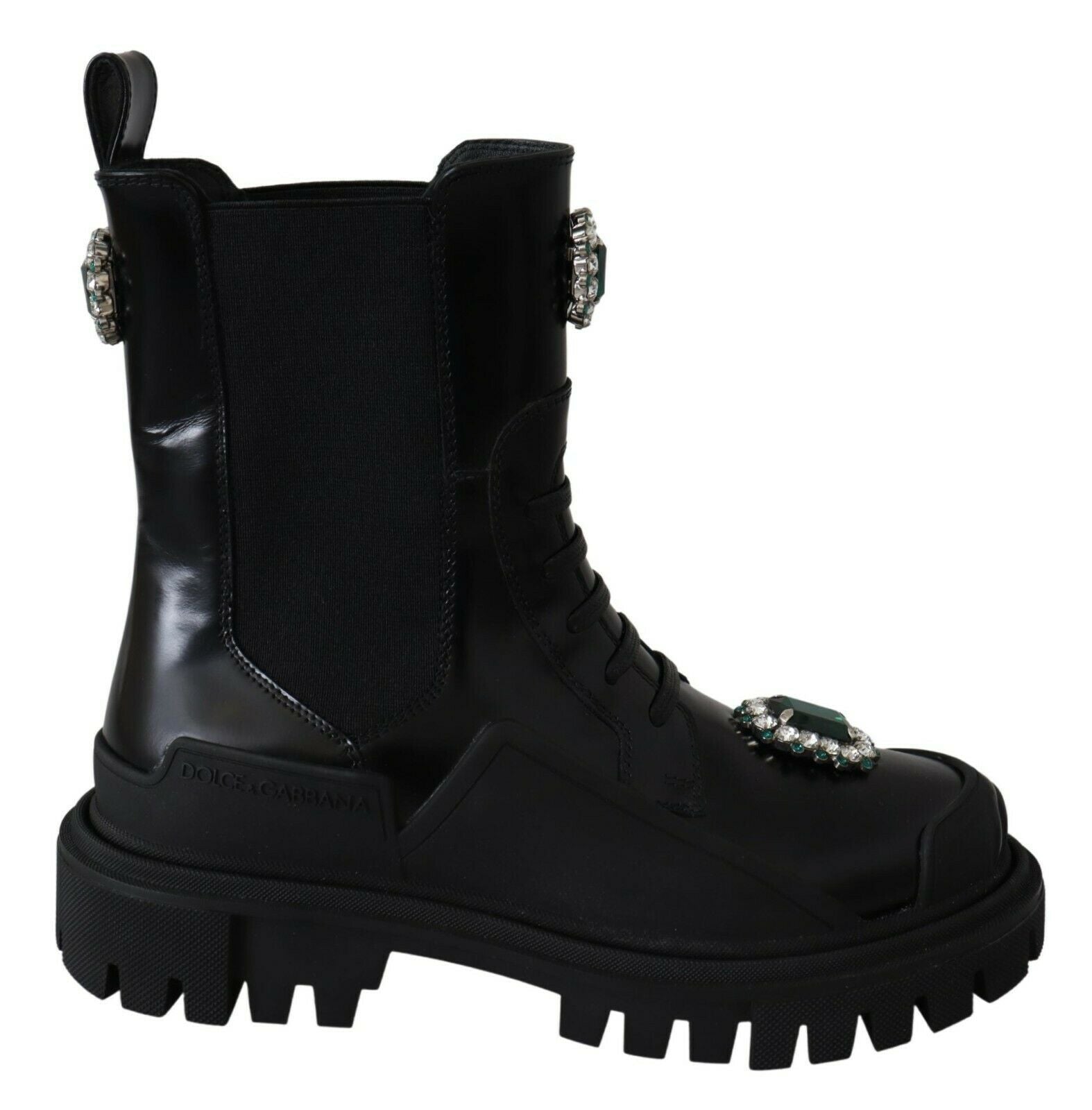 Ghete militare elegante din piele neagră Dolce &amp; Gabbana cu detalii din cristale