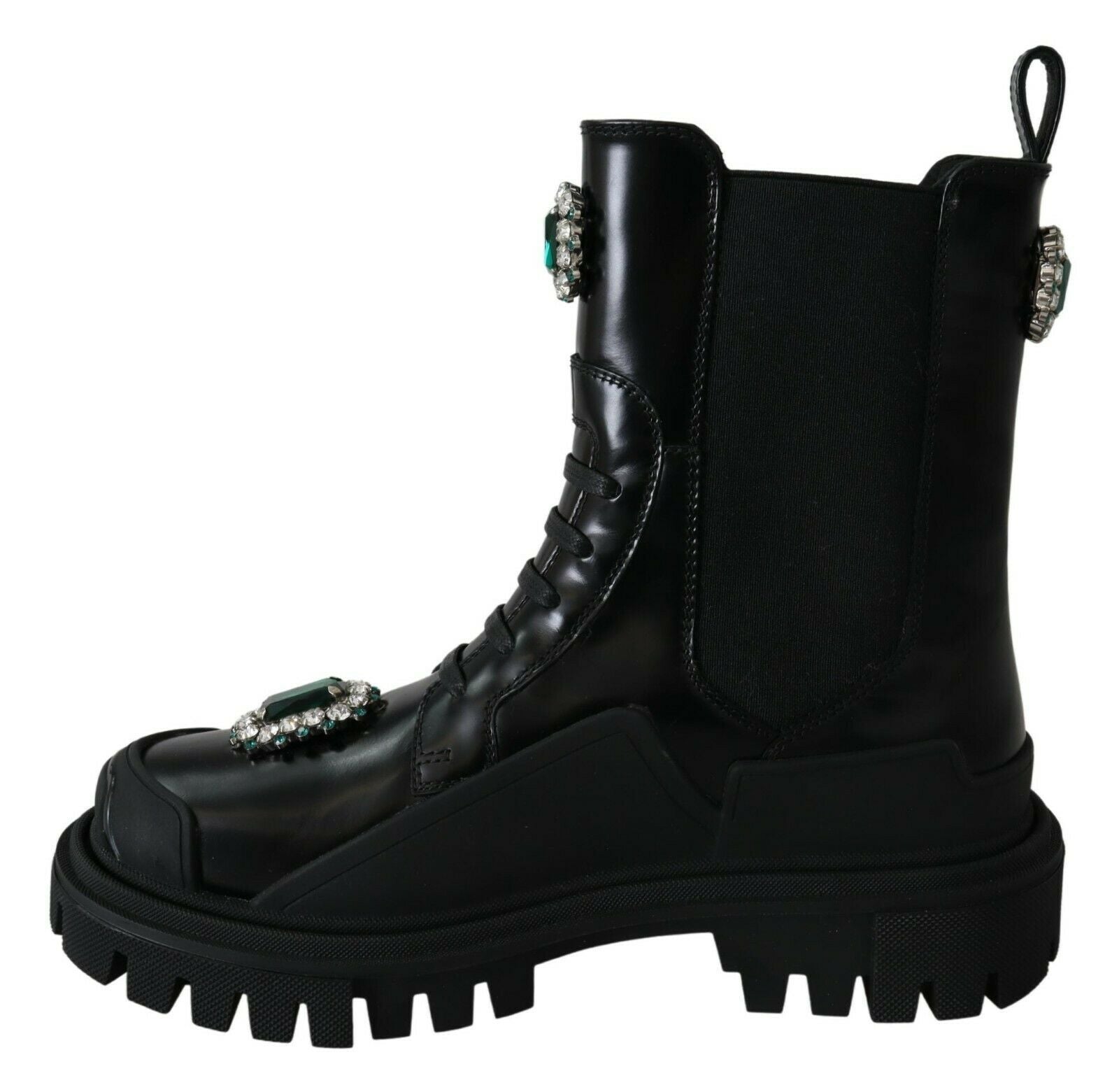 Ghete militare elegante din piele neagră Dolce &amp; Gabbana cu detalii din cristale