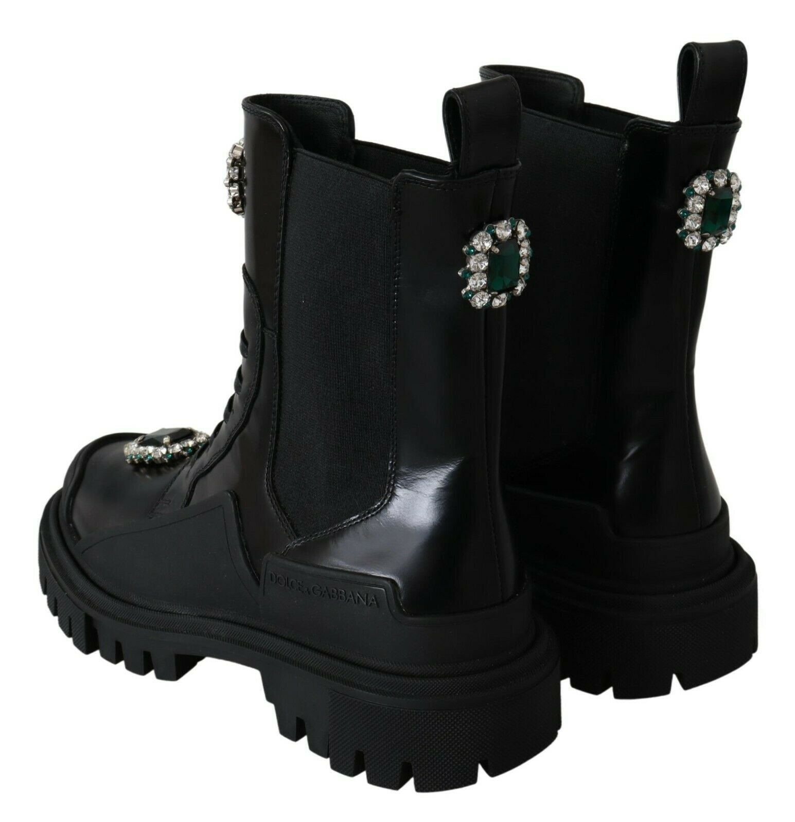 Ghete militare elegante din piele neagră Dolce &amp; Gabbana cu detalii din cristale