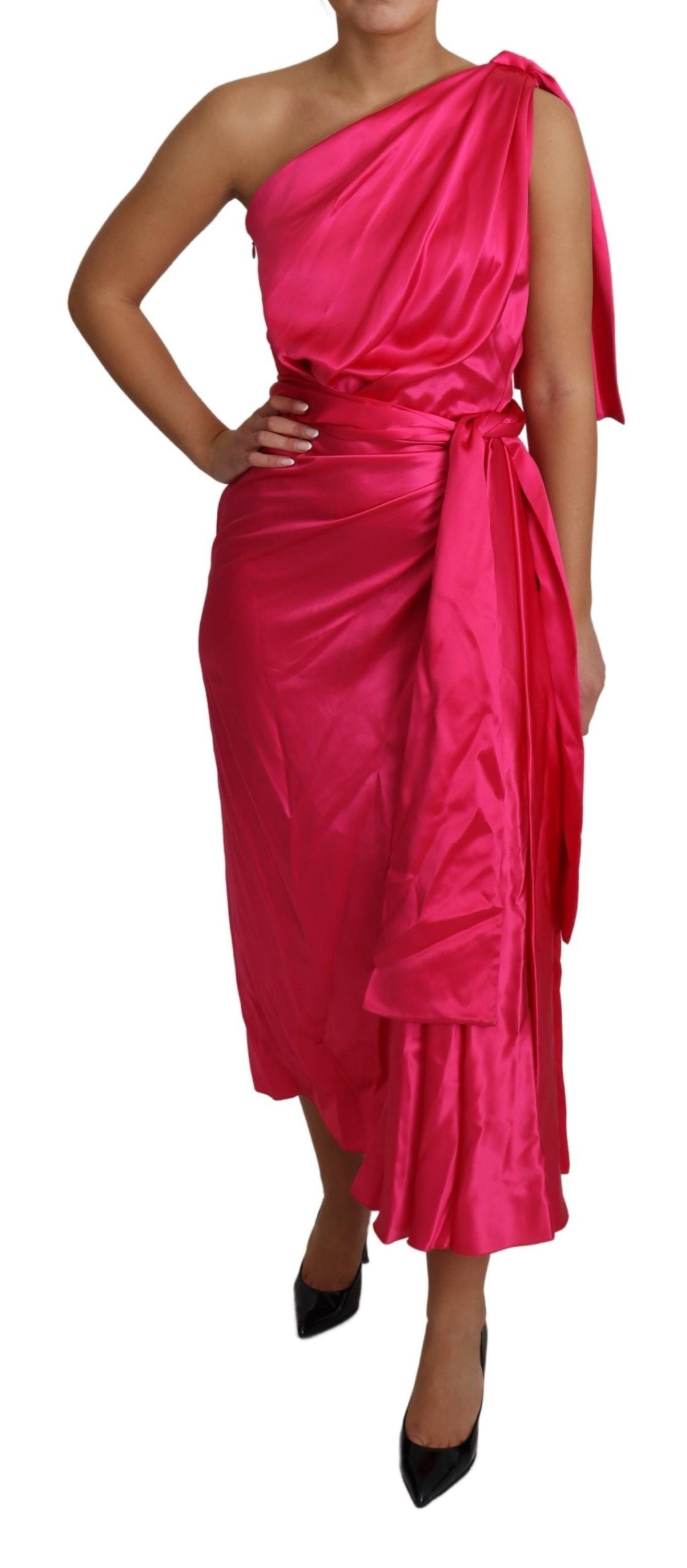 Rochie elegantă Dolce &amp; Gabbana fuchsia din mătase, cu un singur umăr, înfășurată
