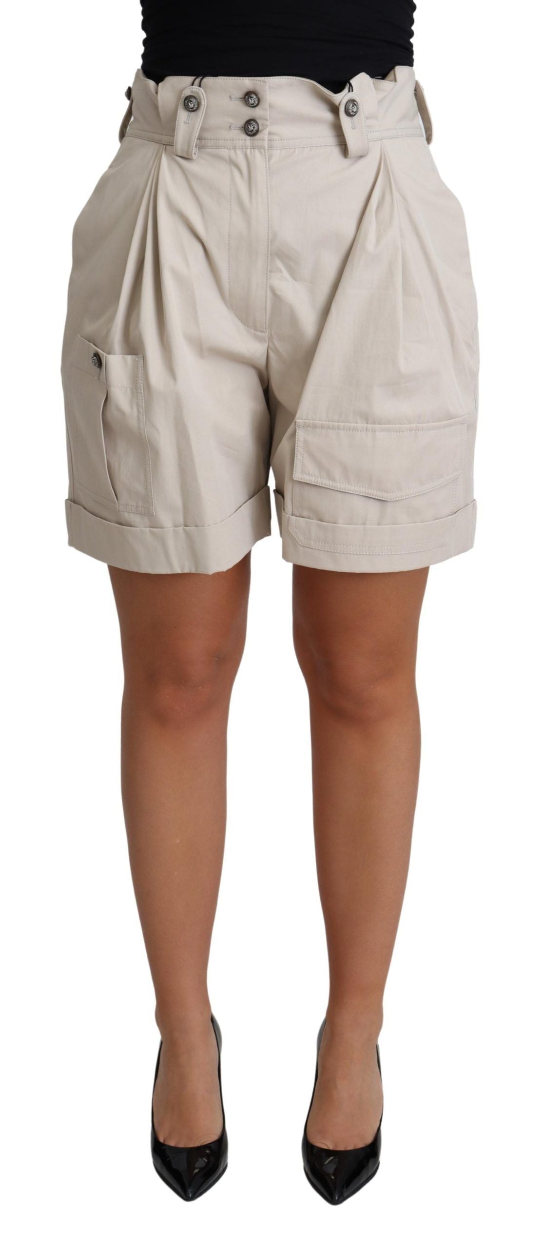 Pantaloni scurți plisați cu talie înaltă și chic bej Dolce &amp; Gabbana