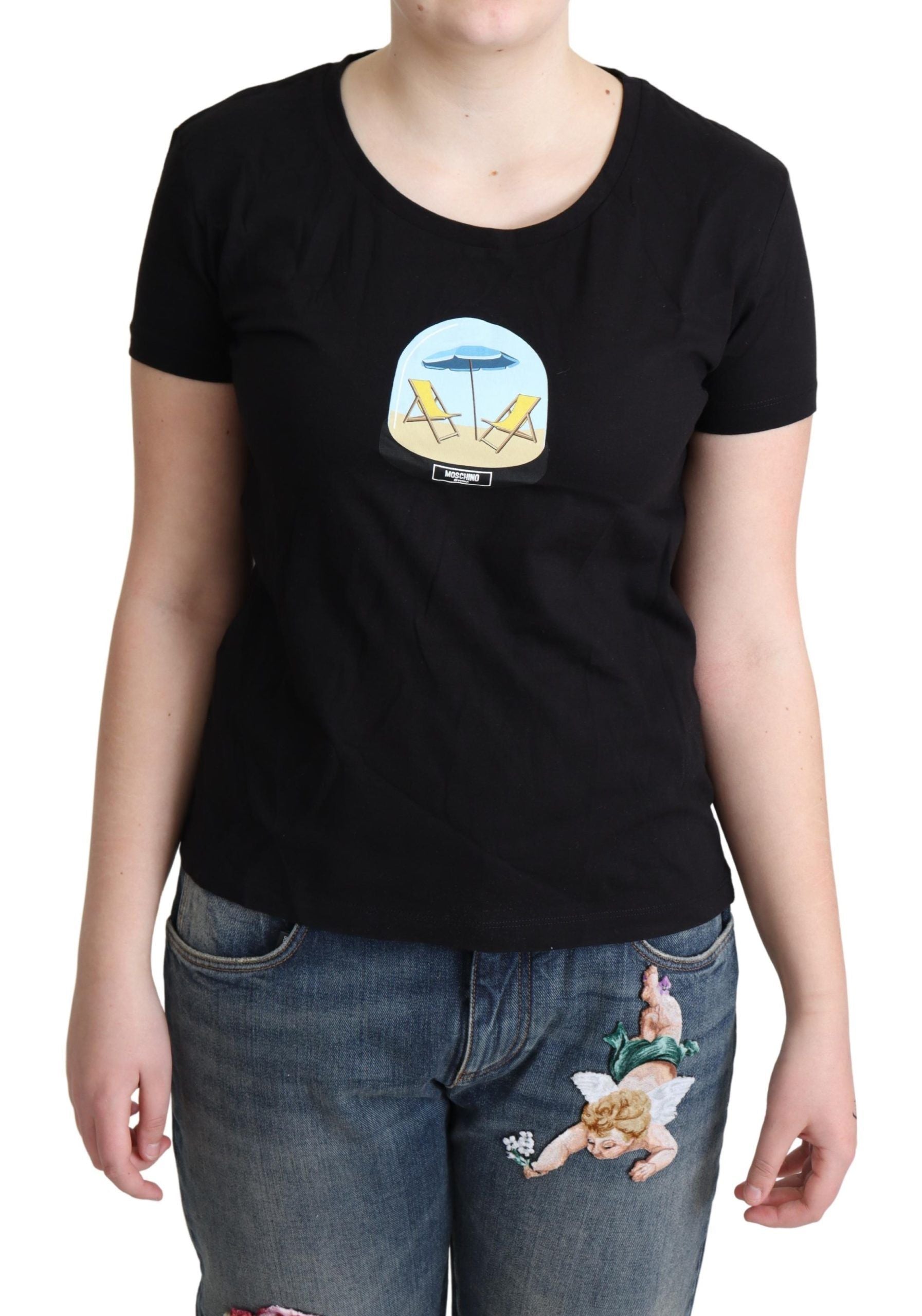 Tricou Moschino Chic negru din bumbac cu guler rotund