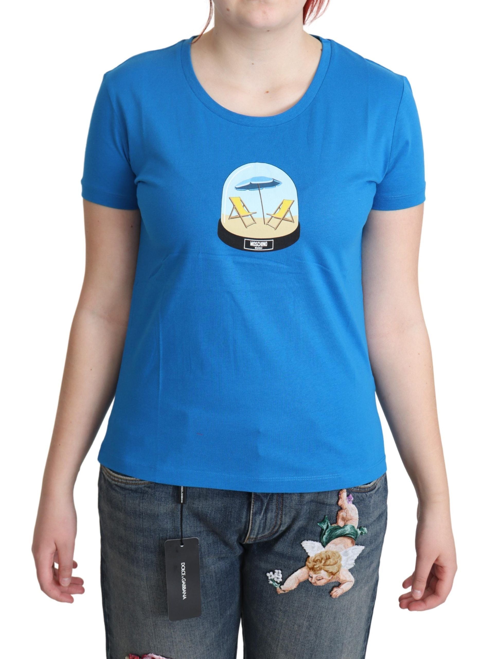 Tricou Moschino Chic albastru din bumbac cu imprimeu emblematic
