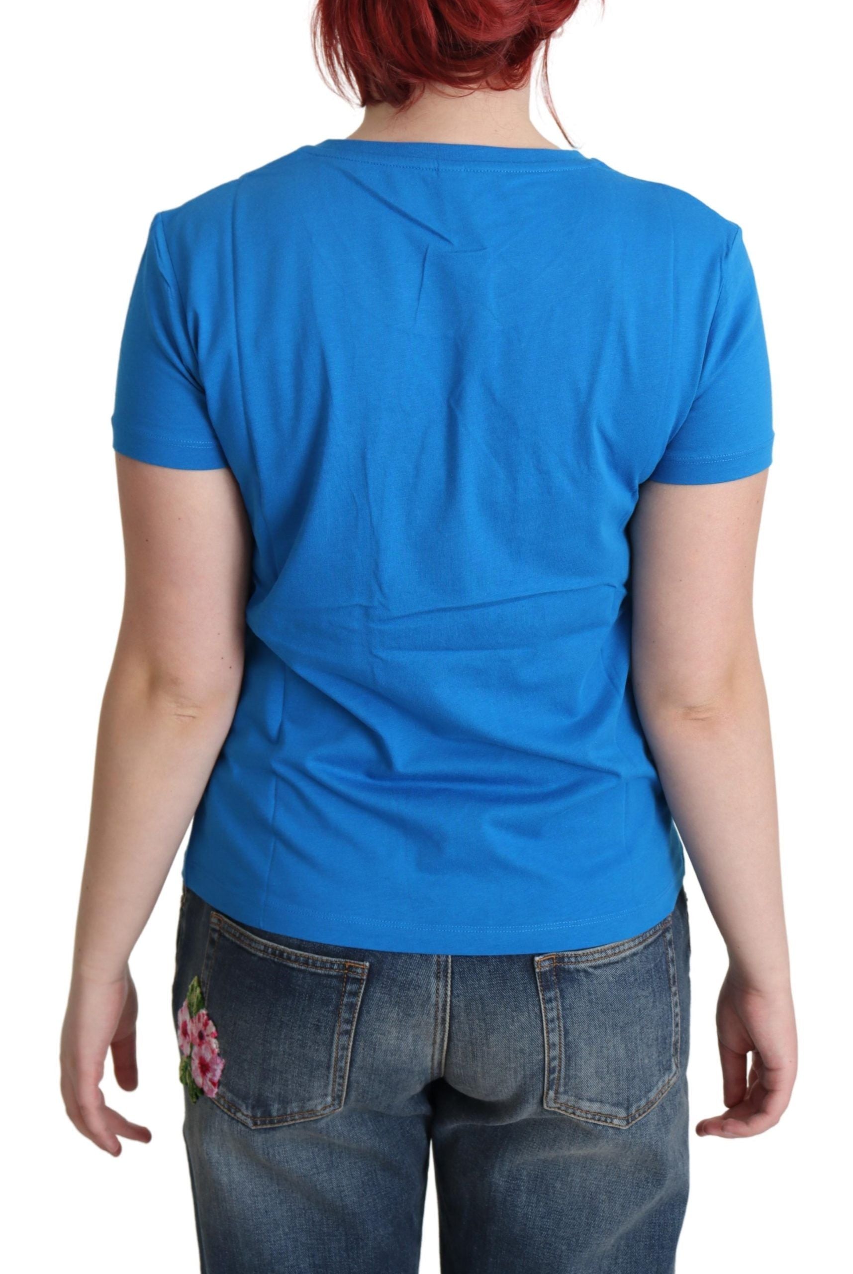 Moschino Chic – Blaues Baumwoll-T-Shirt mit ikonischem Aufdruck