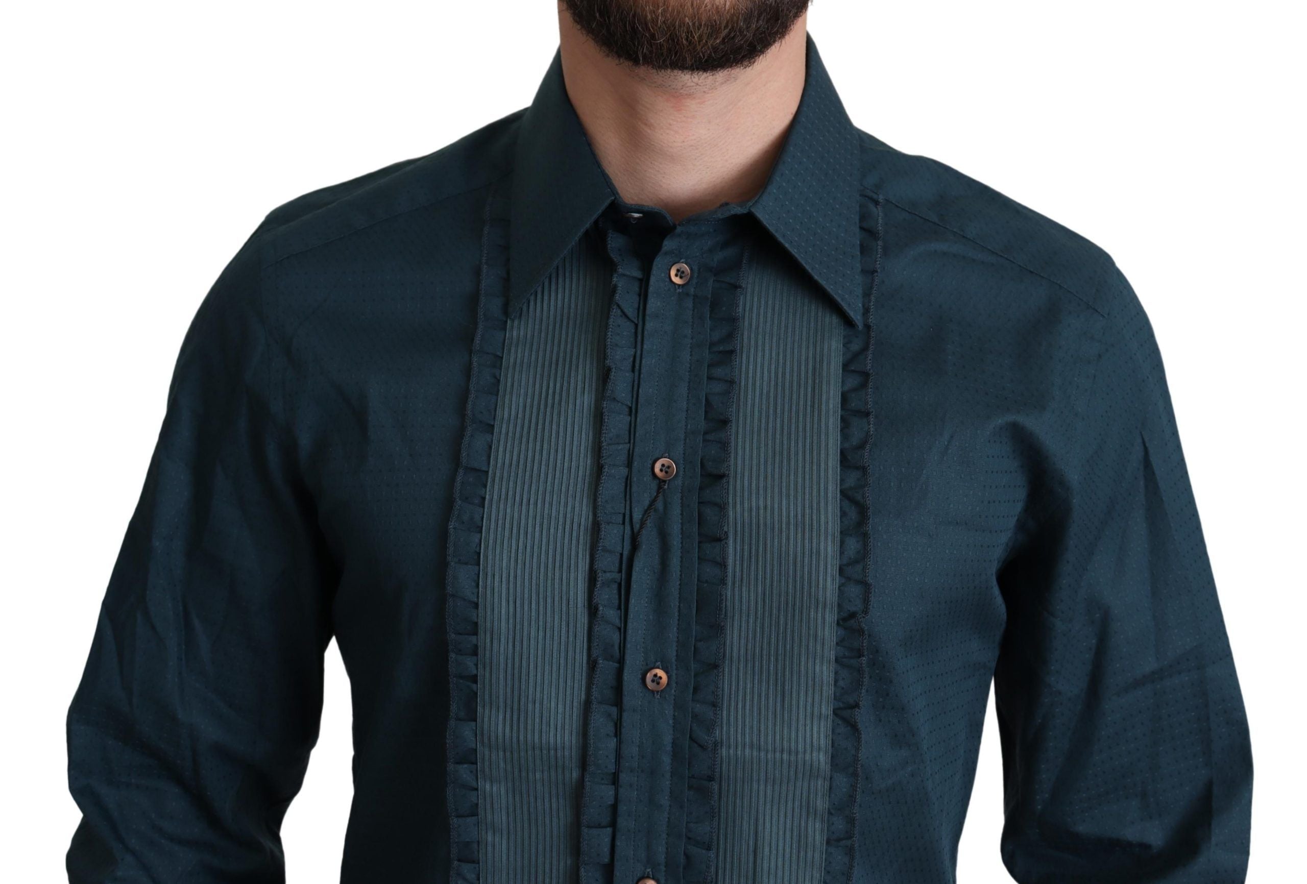 Dolce &amp; Gabbana Elegantes blaues Smokinghemd mit Rüschen