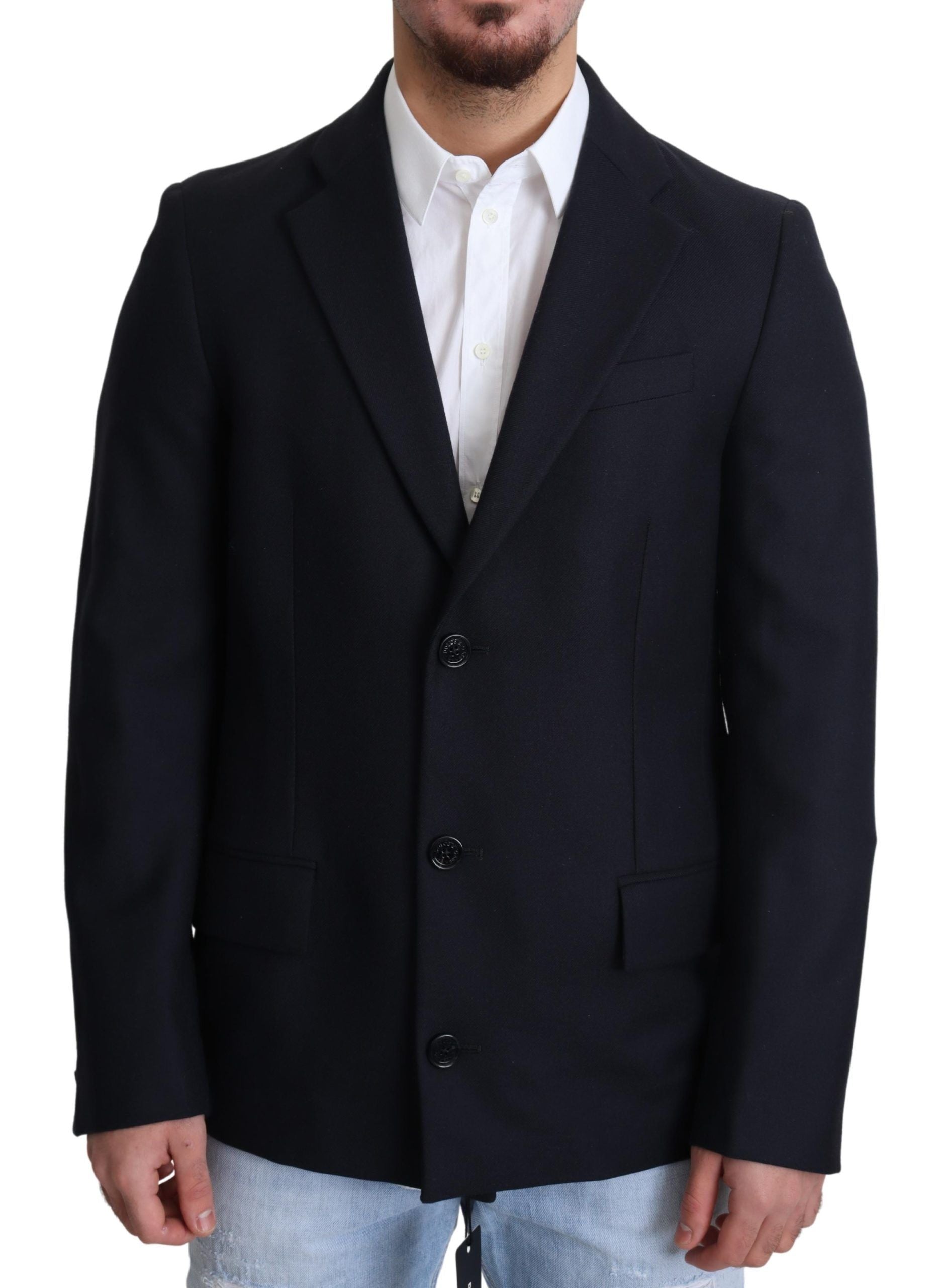 Dolce &amp; Gabbana Eleganter dunkelblauer Herrenmantel aus Schurwolle