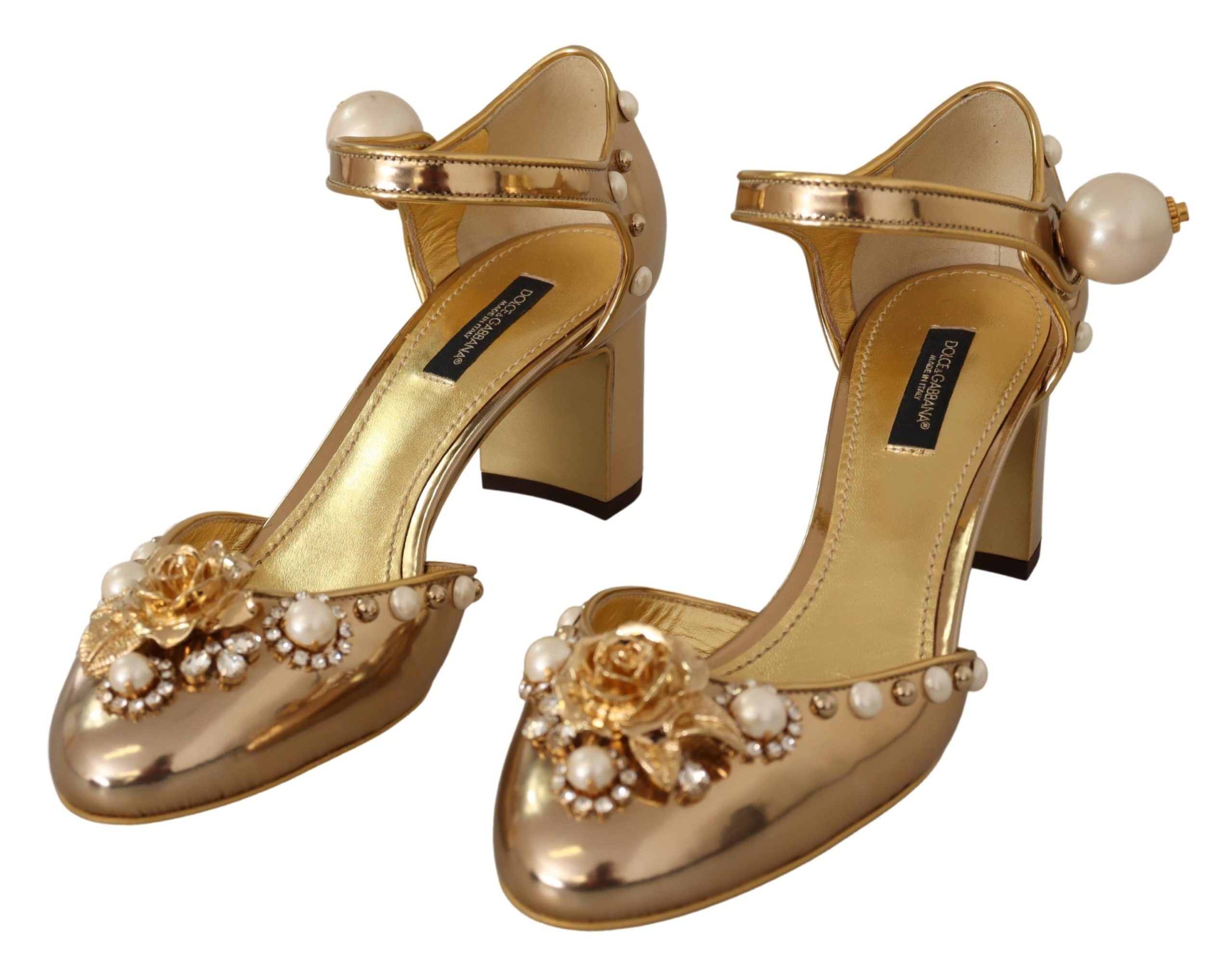 Dolce &amp; Gabbana Elegante goldene Leder-Blockabsätze mit Kristallen