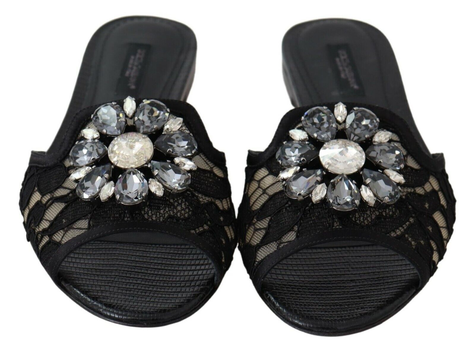 Dolce &amp; Gabbana Sandale elegante negre din dantelă cu detalii florale bijuterie