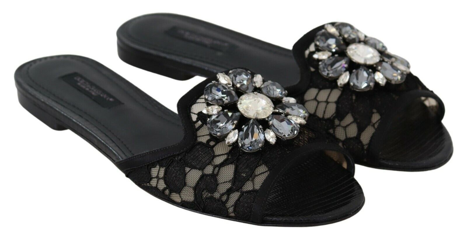 Dolce &amp; Gabbana Sandale elegante negre din dantelă cu detalii florale bijuterie