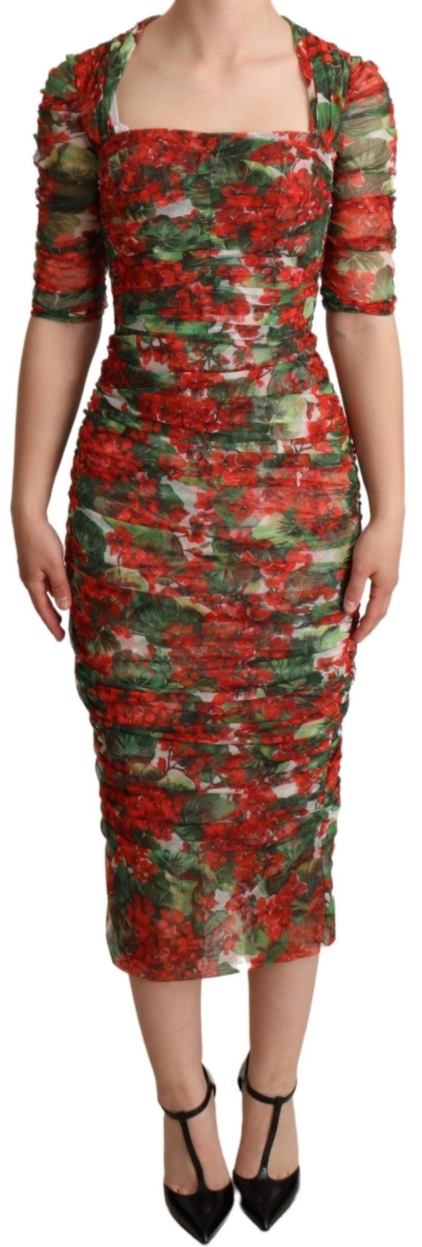 Rochie midi elegantă cu imprimeu floral roșie Dolce &amp; Gabbana