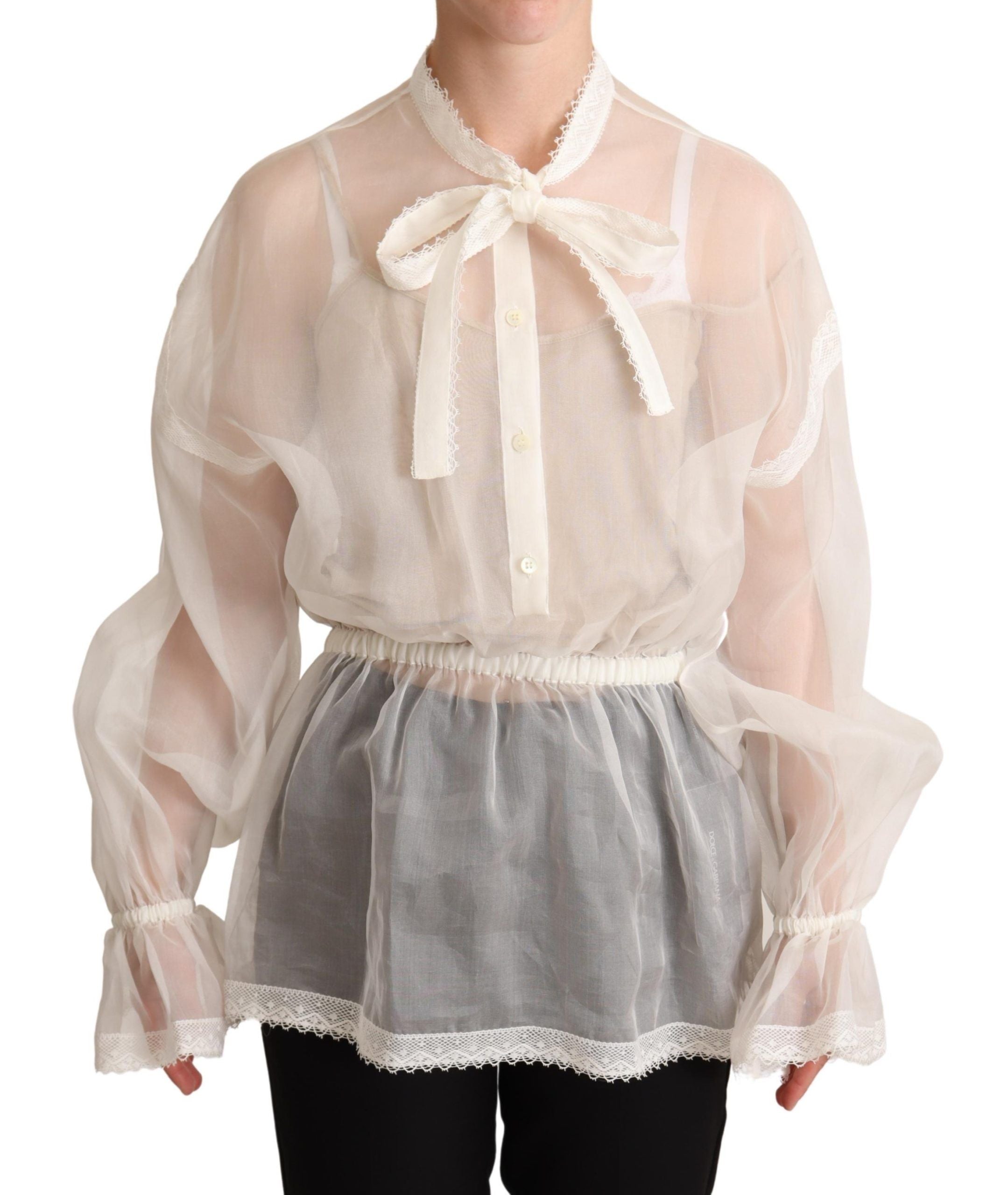 Dolce &amp; Gabbana Elegante weiße Ascot-Bluse aus Seide und Baumwolle
