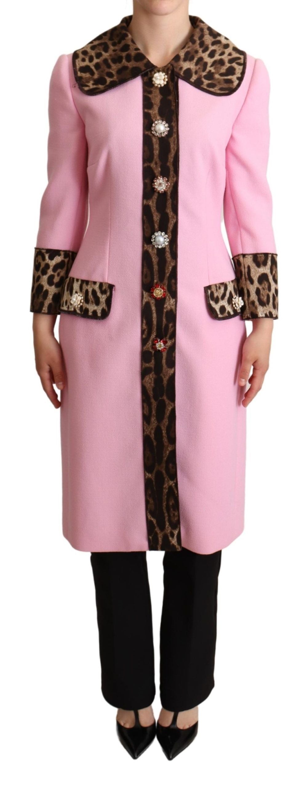 Dolce &amp; Gabbana – Schicker Trenchcoat in Rosa mit Leopardenmuster und Kristallknöpfen