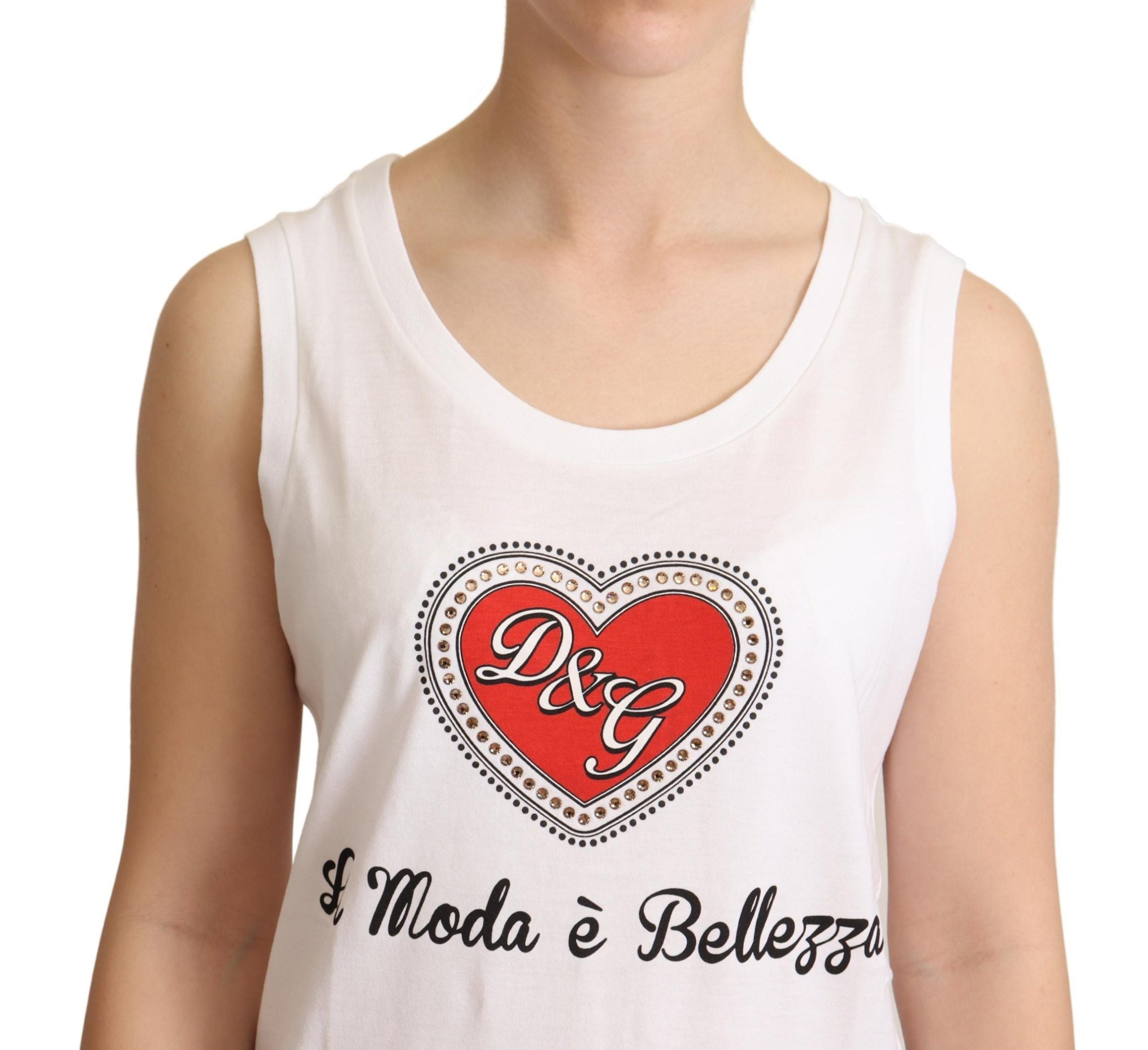Dolce &amp; Gabbana – Weißes, ärmelloses T-Shirt mit Kristallverzierung und Herz