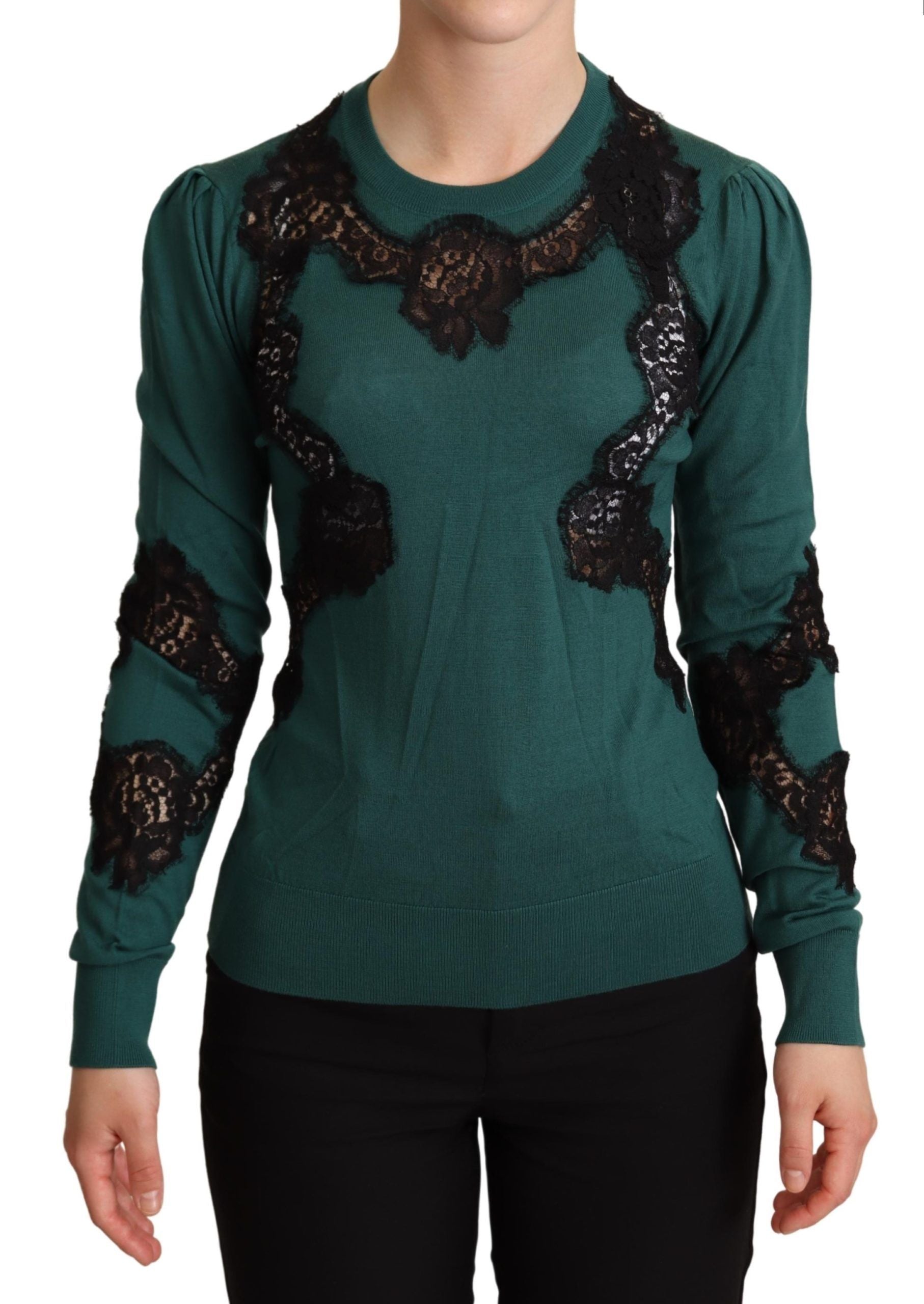 Dolce &amp; Gabbana Eleganter grüner Pullover mit schwarzem Spitzendetail