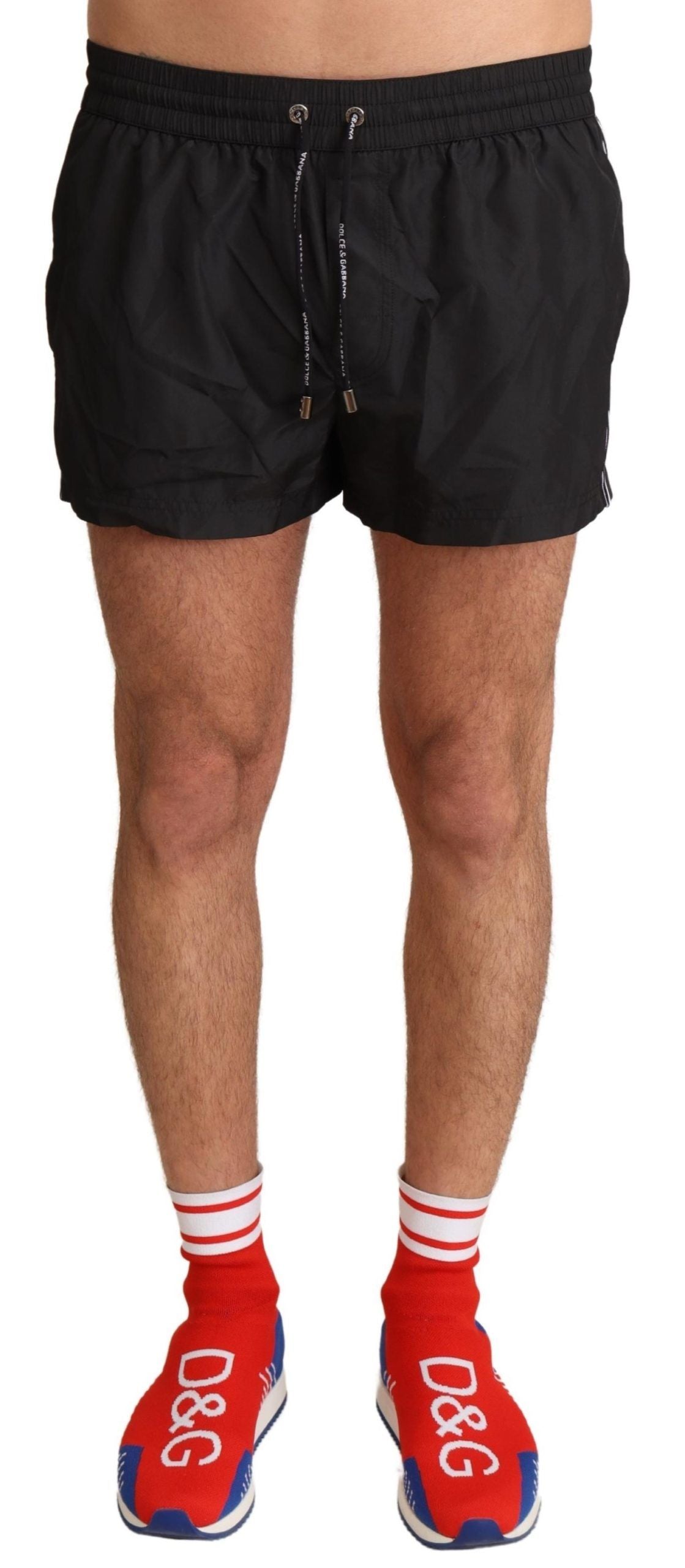 Dolce &amp; Gabbana Pantaloni scurți de baie negri eleganți cu imprimeu KING
