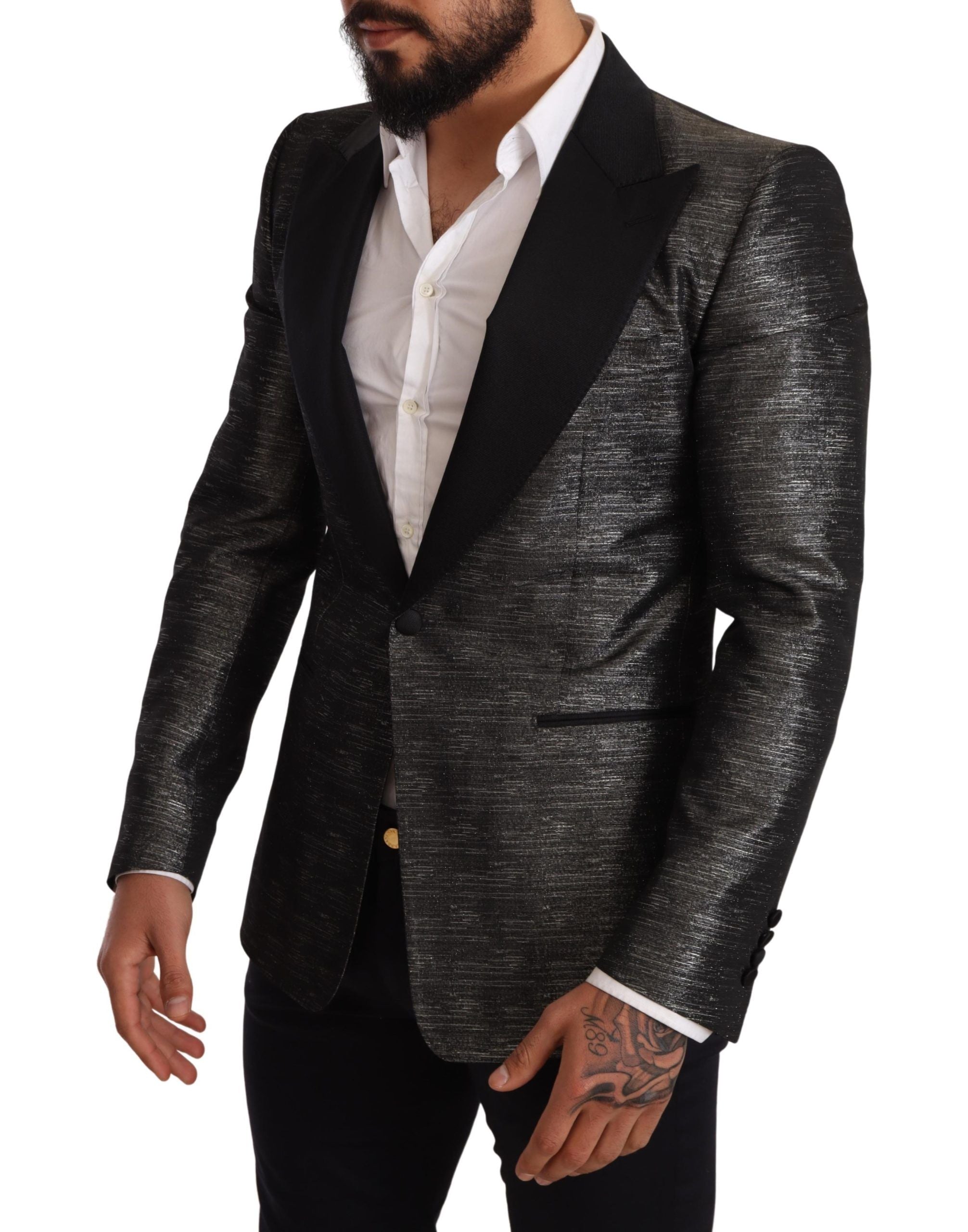 Dolce &amp; Gabbana – Slim Fit-Blazer aus Jacquard in Metallic-Grau