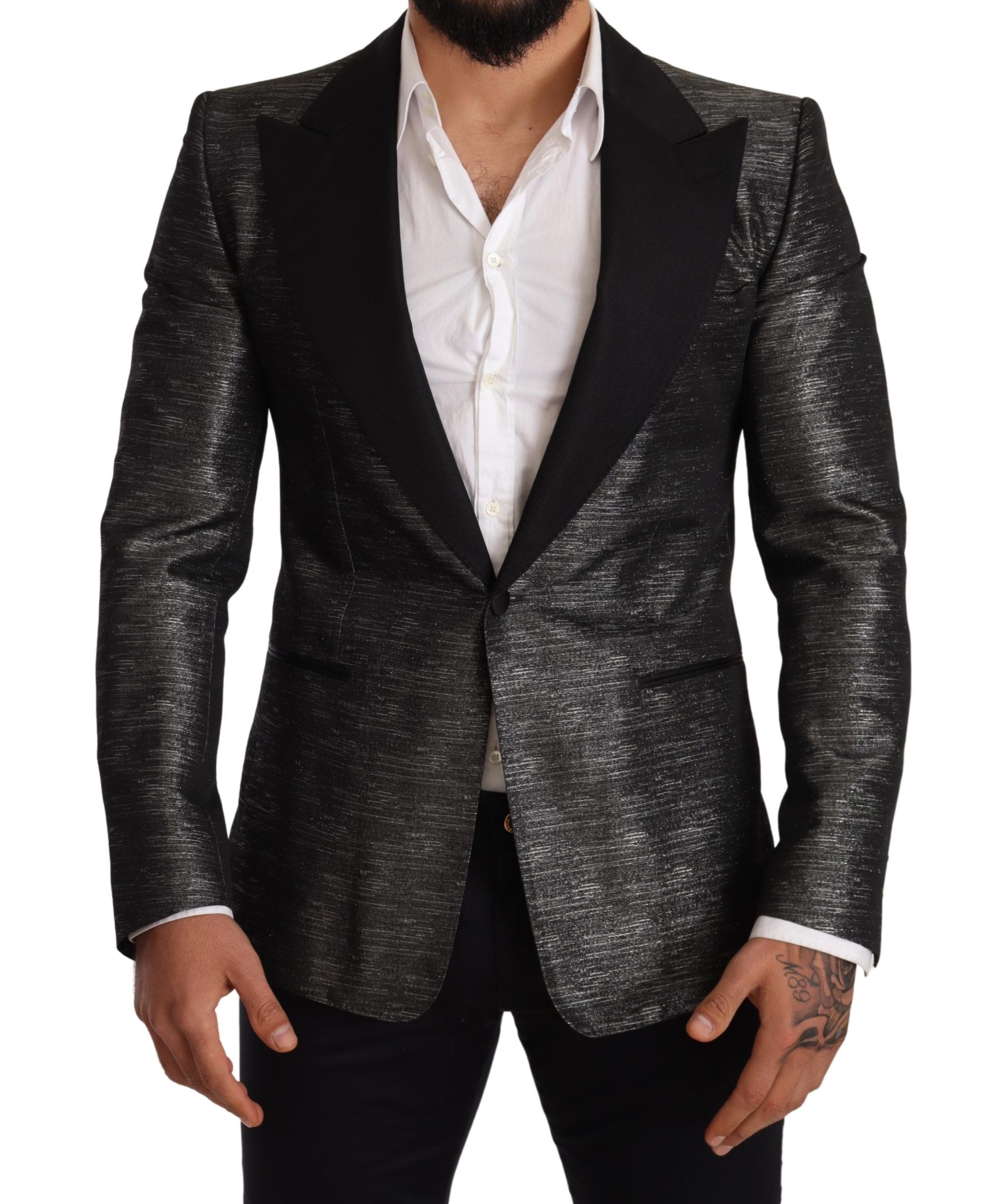 Dolce &amp; Gabbana – Slim Fit-Blazer aus Jacquard in Metallic-Grau