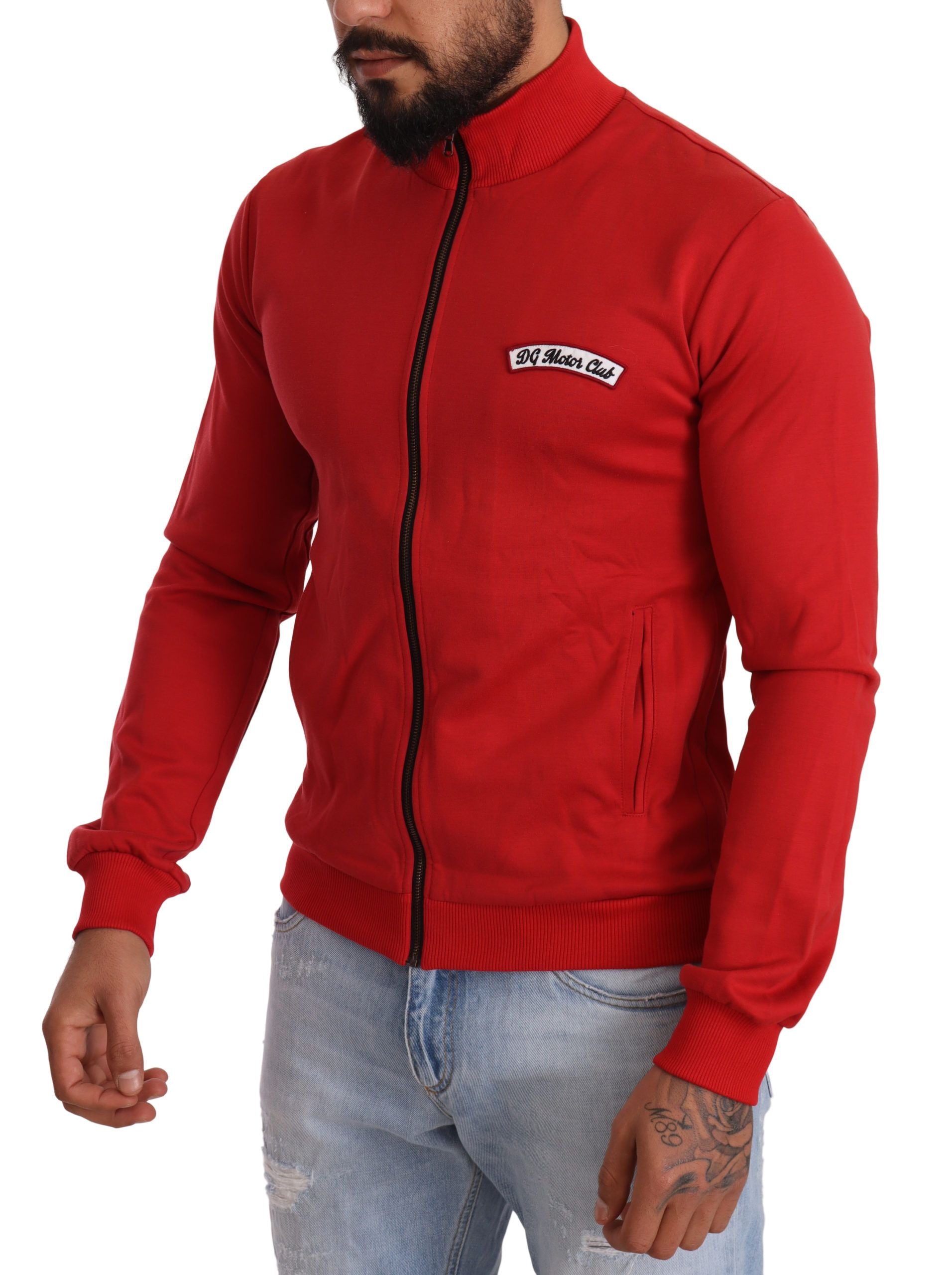 Pulover elegant Dolce &amp; Gabbana roșu cu fermoar complet și motiv DG Motor Club