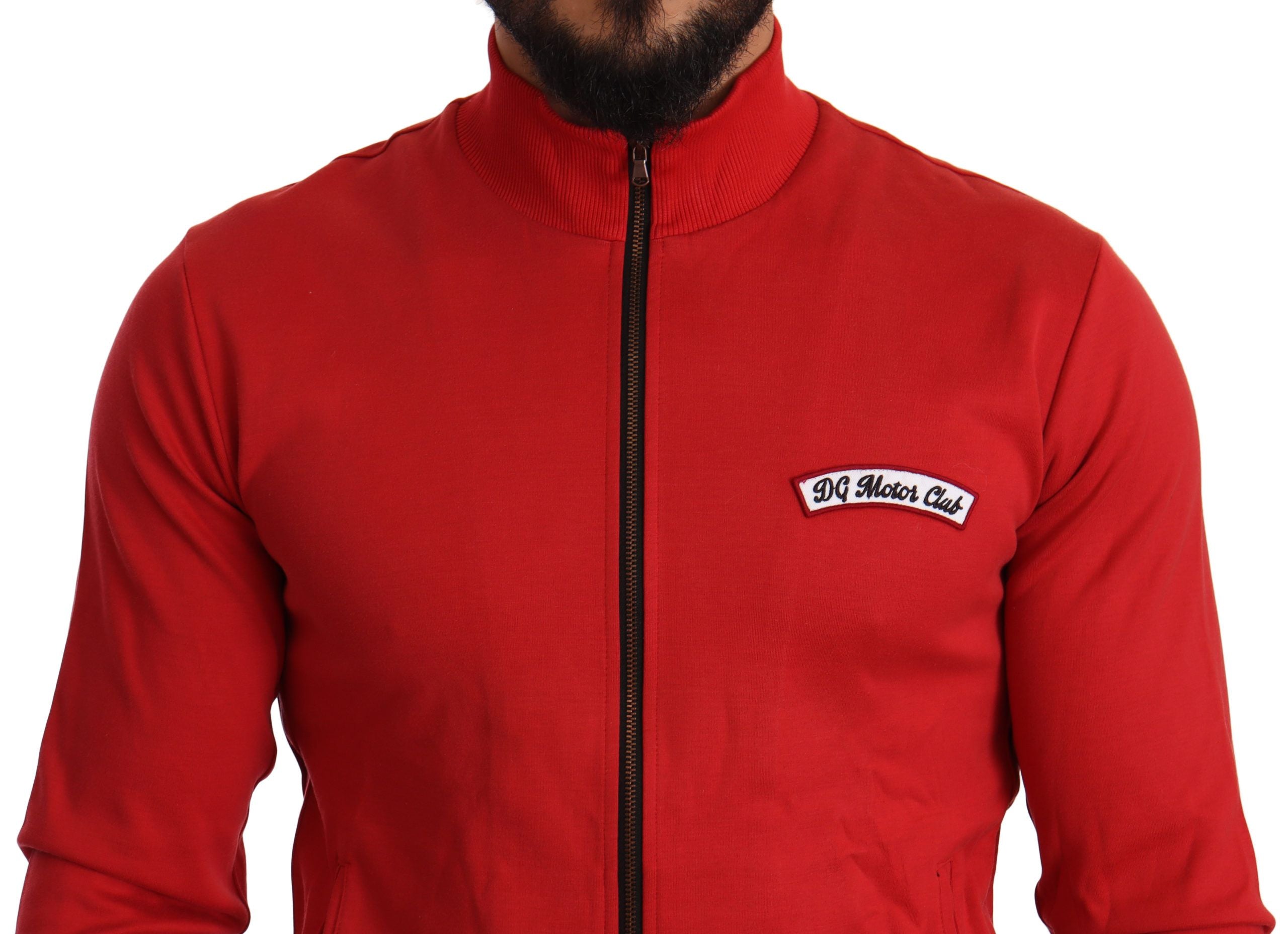 Pulover elegant Dolce &amp; Gabbana roșu cu fermoar complet și motiv DG Motor Club