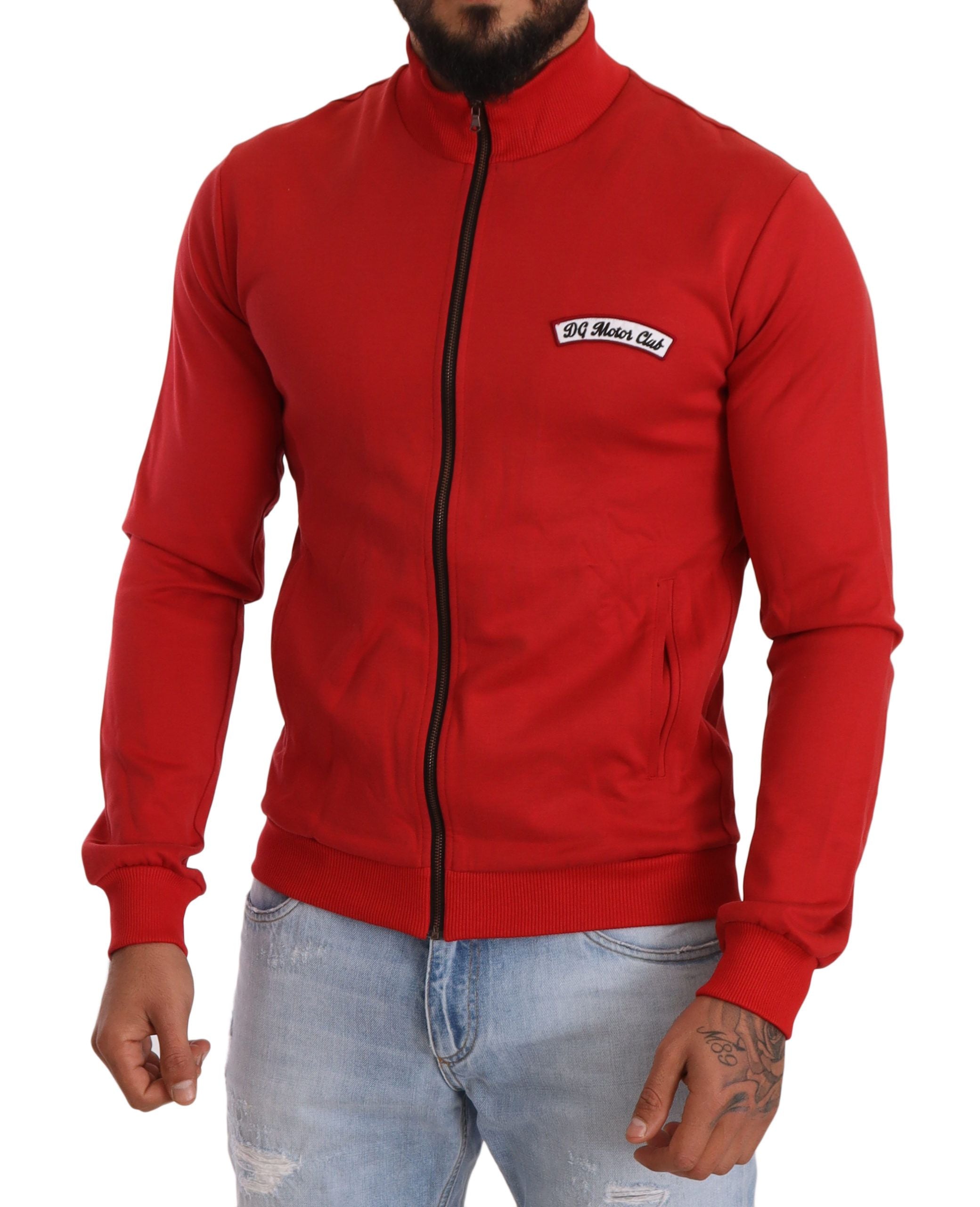 Pulover elegant Dolce &amp; Gabbana roșu cu fermoar complet și motiv DG Motor Club