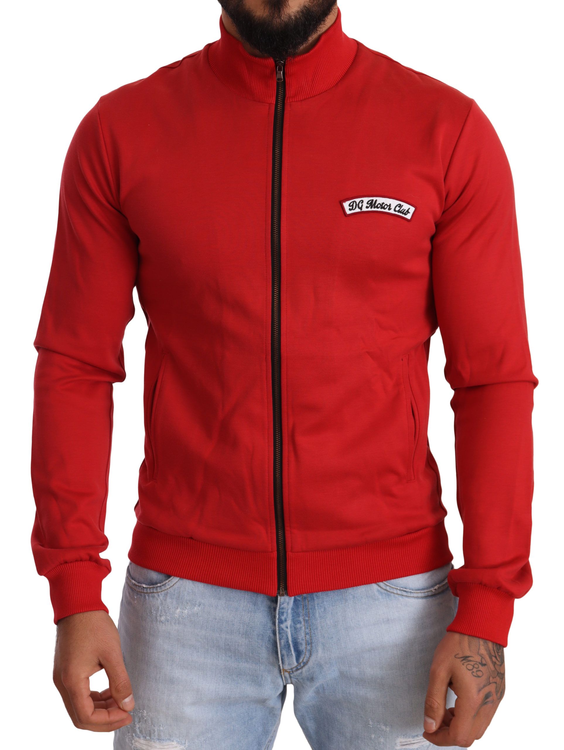 Pulover elegant Dolce &amp; Gabbana roșu cu fermoar complet și motiv DG Motor Club