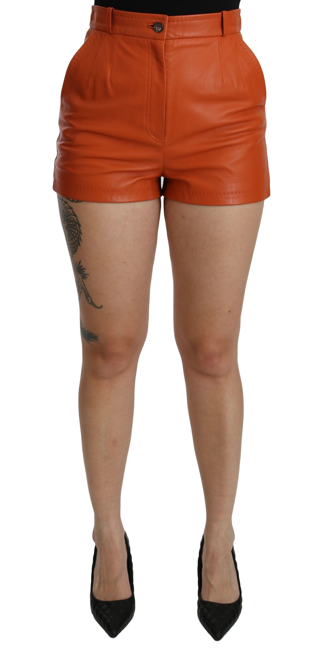 Pantaloni sport Dolce &amp; Gabbana Chic Portocalii din piele cu talie înaltă