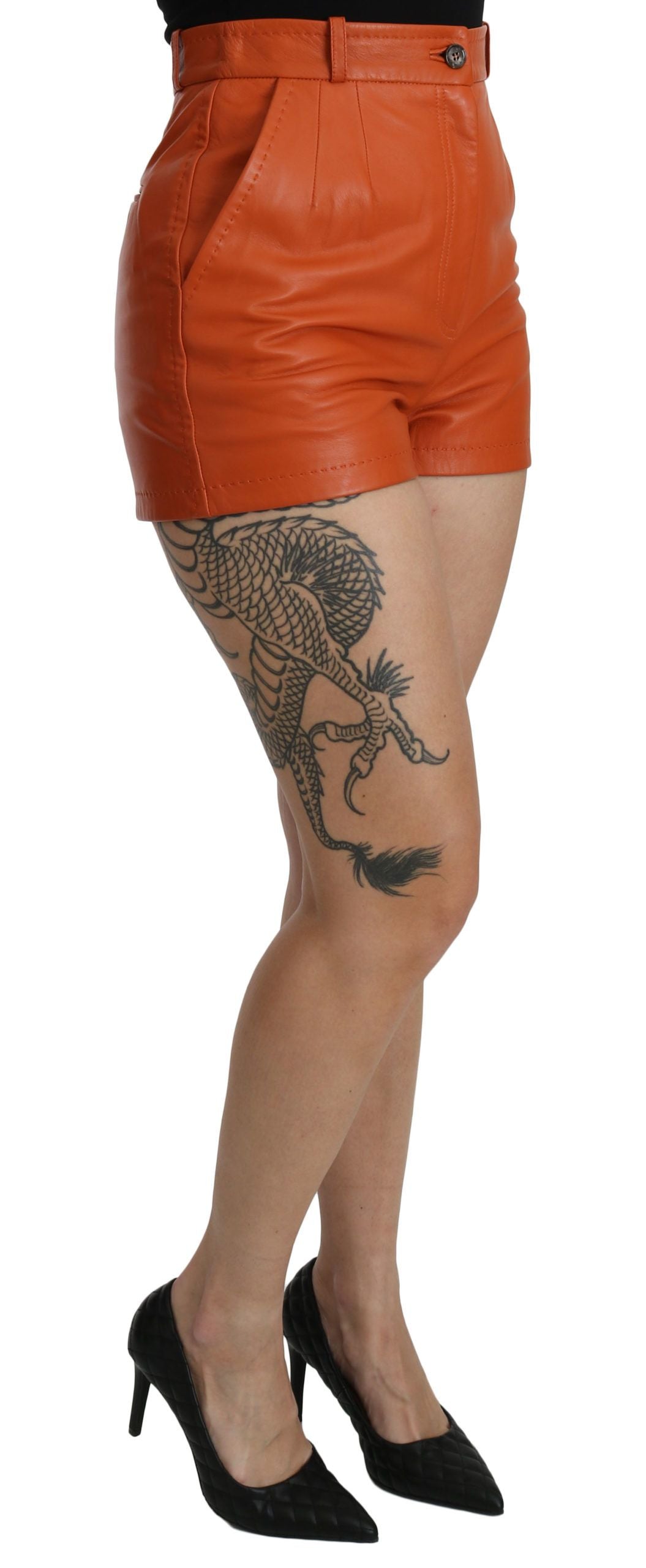 Pantaloni sport Dolce &amp; Gabbana Chic Portocalii din piele cu talie înaltă