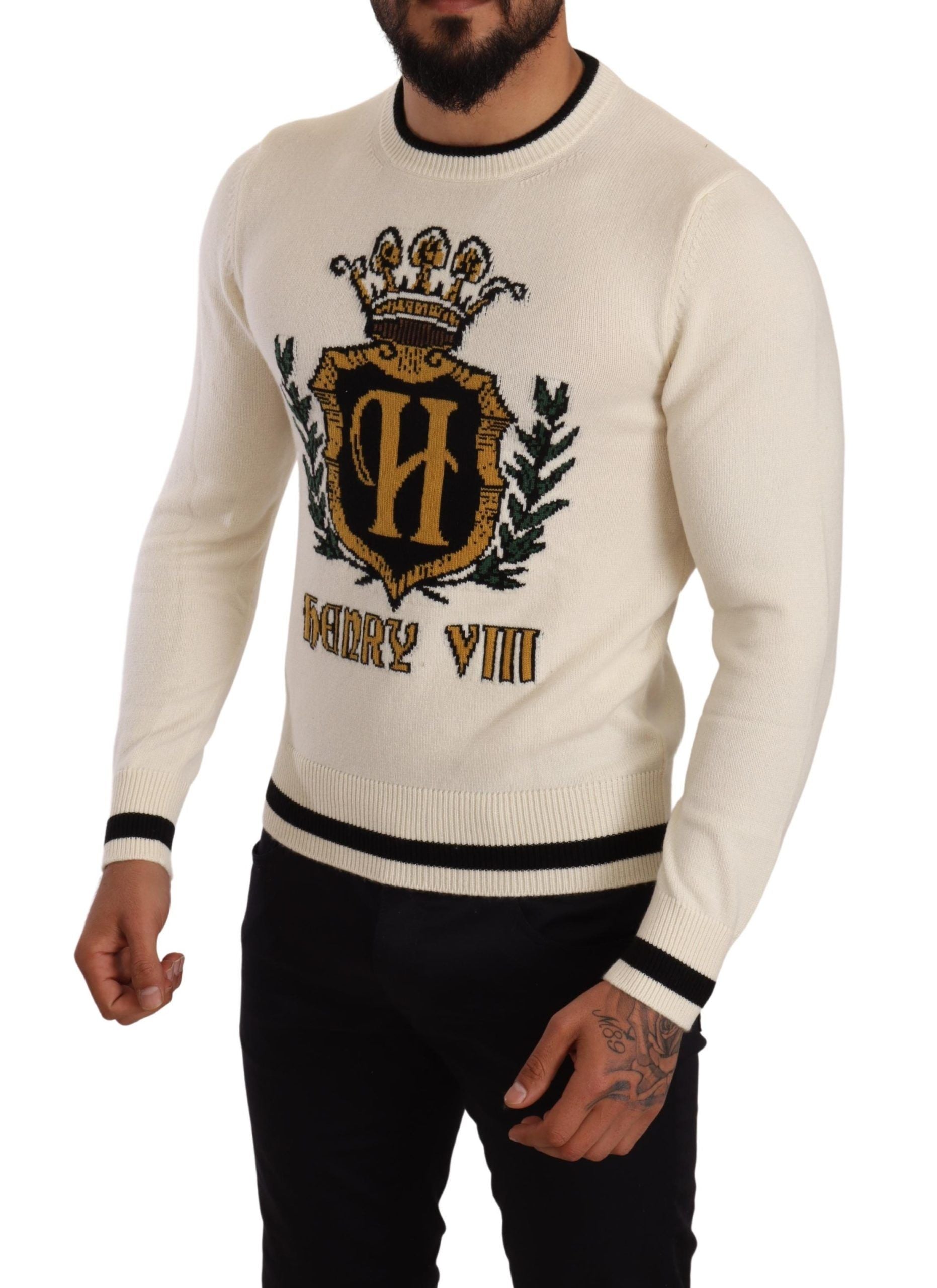 Dolce &amp; Gabbana Eleganter schneeweißer heraldischer Kaschmirpullover