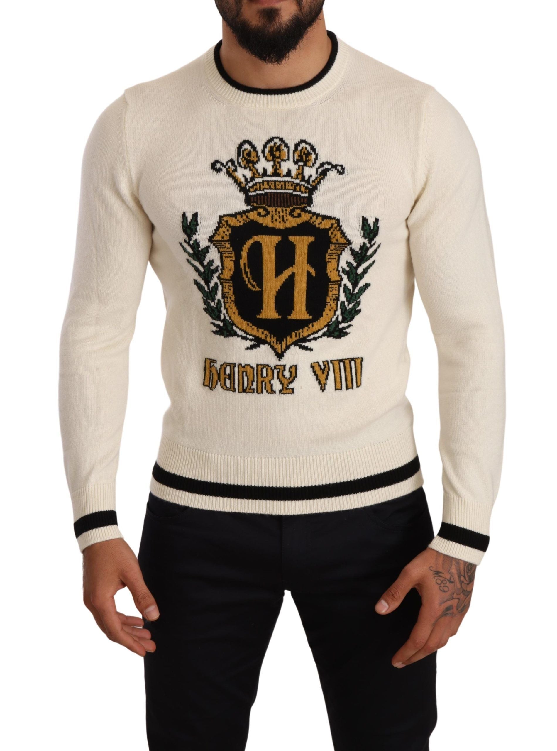 Dolce &amp; Gabbana Eleganter schneeweißer heraldischer Kaschmirpullover