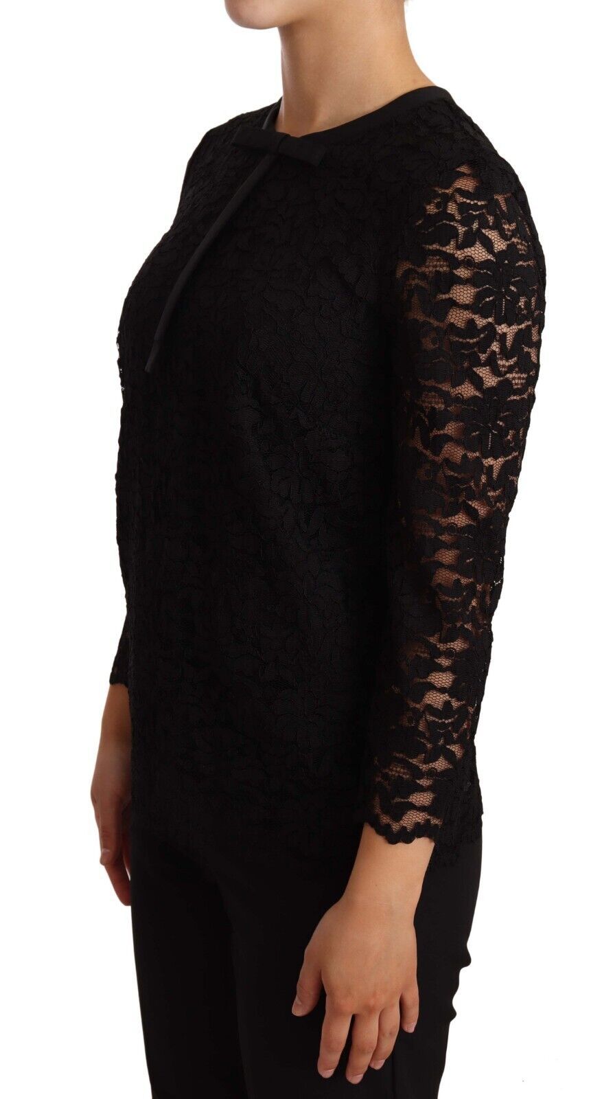 Dolce &amp; Gabbana Elegantes schwarzes Langarmtop mit Blumenspitze