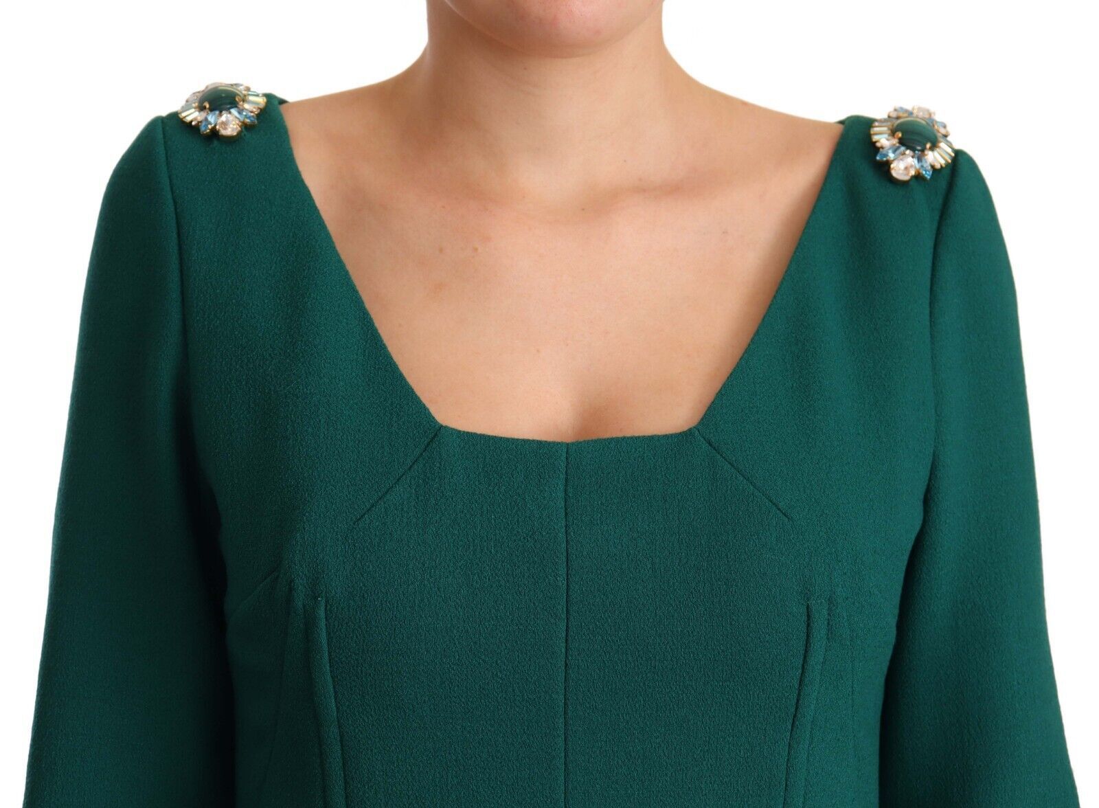 Rochie midi Dolce &amp; Gabbana verde smarald cu broșă cu cristale