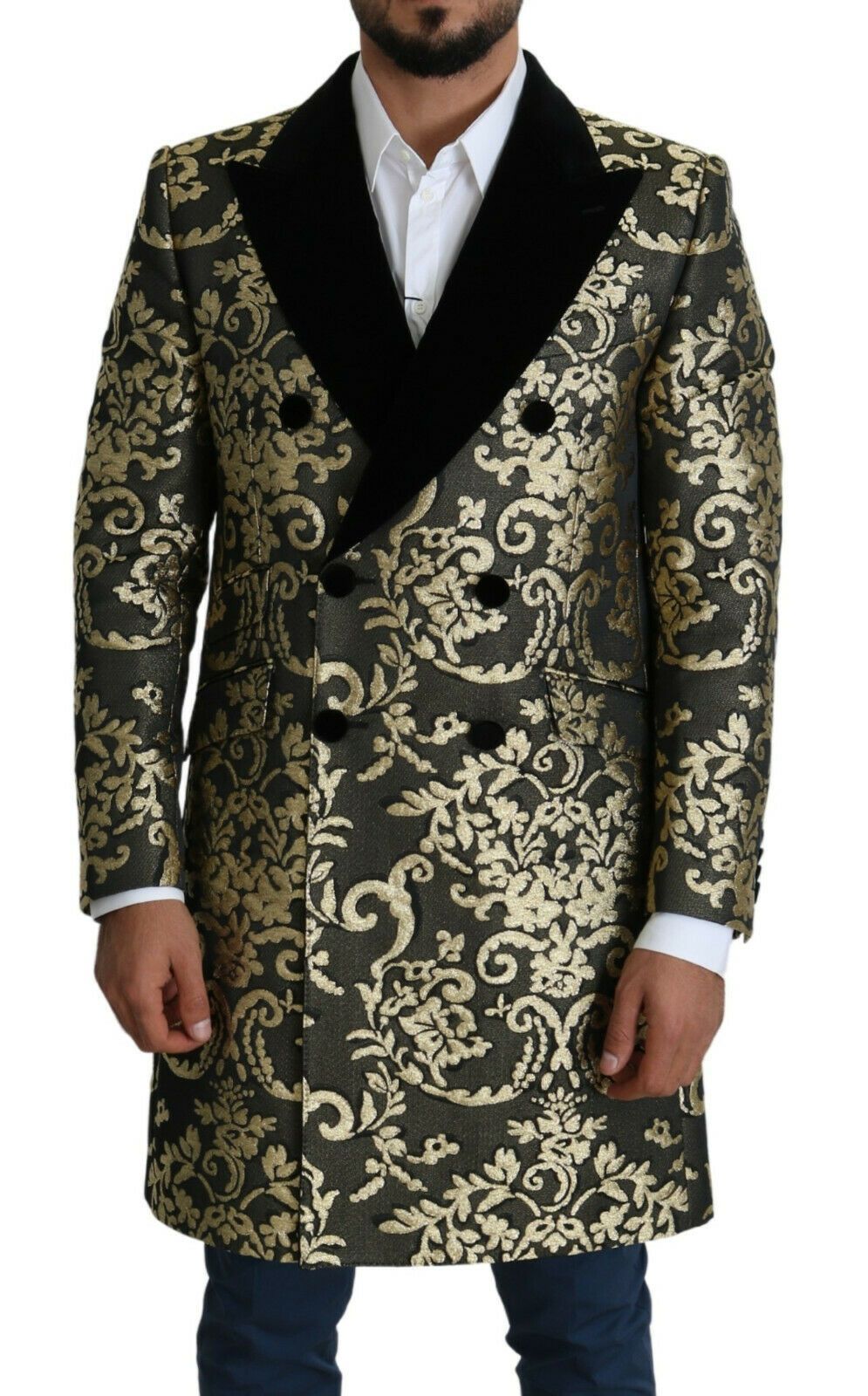 Dolce &amp; Gabbana Goldschwarzer Sicilia-Jacquard-Zweireihermantel