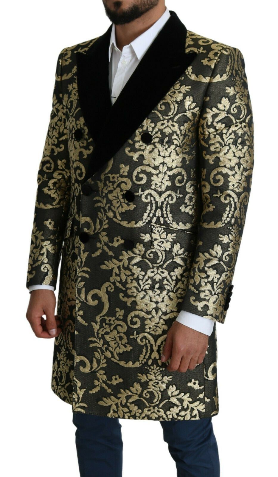Dolce &amp; Gabbana Goldschwarzer Sicilia-Jacquard-Zweireihermantel