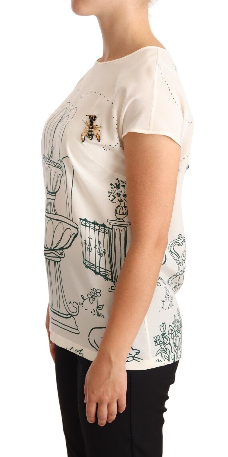 Dolce &amp; Gabbana Elegantes Seiden-T-Shirt mit botanischem Garten und Brunnen