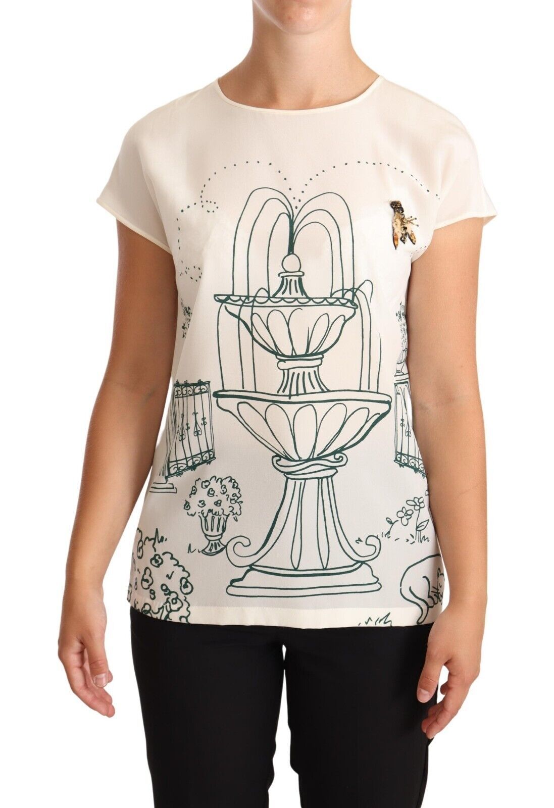 Dolce &amp; Gabbana Elegantes Seiden-T-Shirt mit botanischem Garten und Brunnen