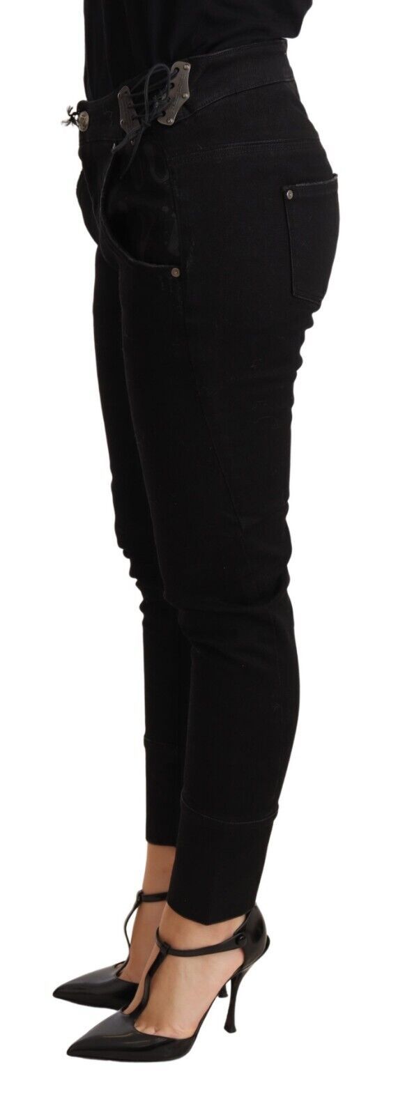 Ermanno Scervino – Schicke Skinny-Hose aus schwarzer Baumwolle mit niedriger Taille
