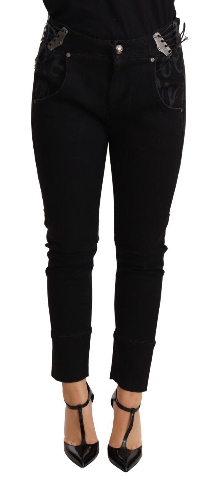 Ermanno Scervino – Schicke Skinny-Hose aus schwarzer Baumwolle mit niedriger Taille