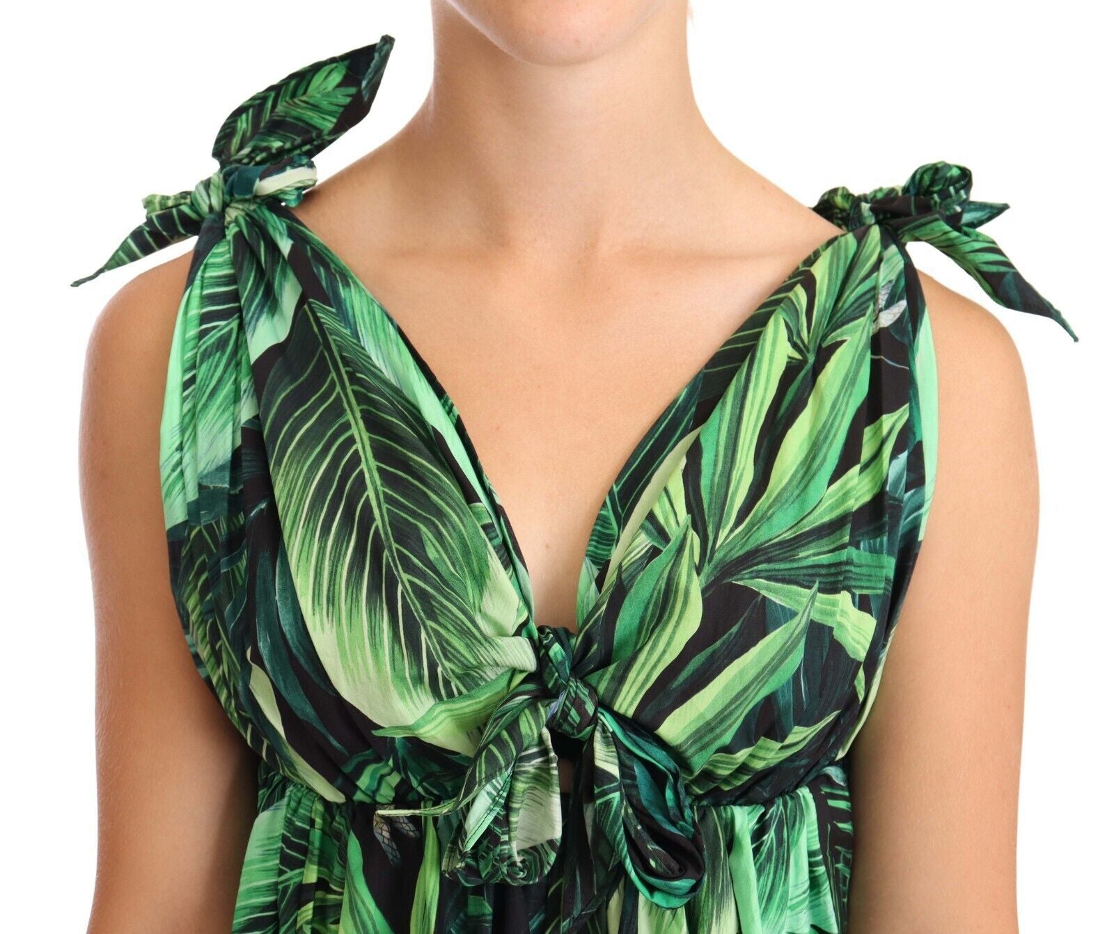 Rochie mini elegantă Dolce &amp; Gabbana, evazată, în linie A, cu imprimeu cu frunze verzi