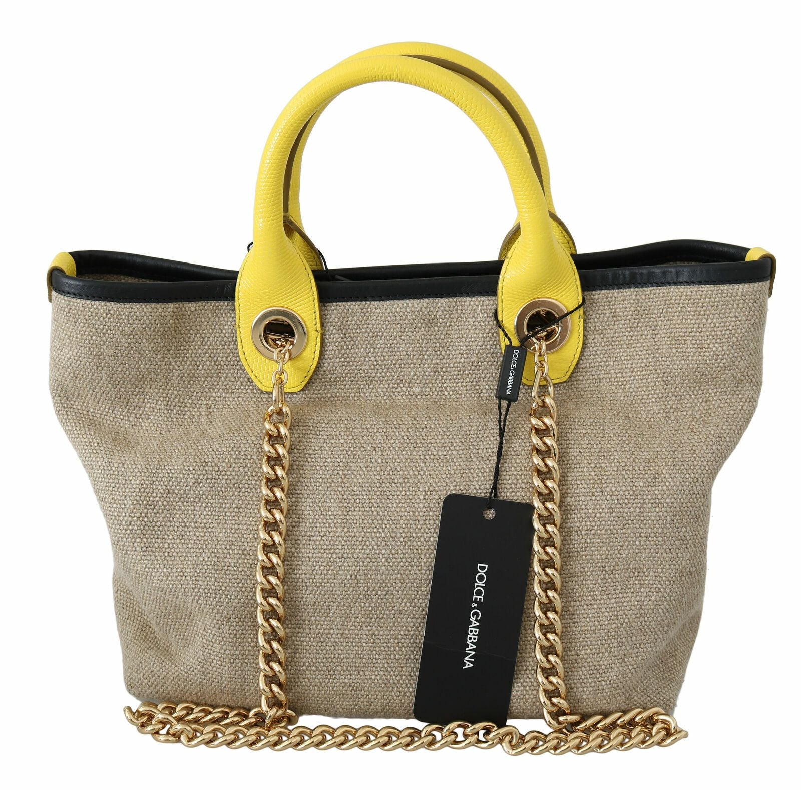 Dolce &amp; Gabbana Geantă tote bej din in și vițel cu lanț auriu