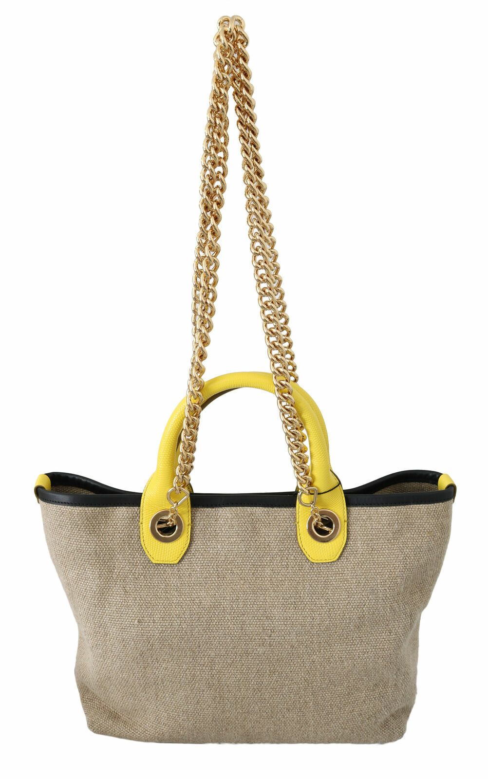 Dolce &amp; Gabbana Geantă tote bej din in și vițel cu lanț auriu