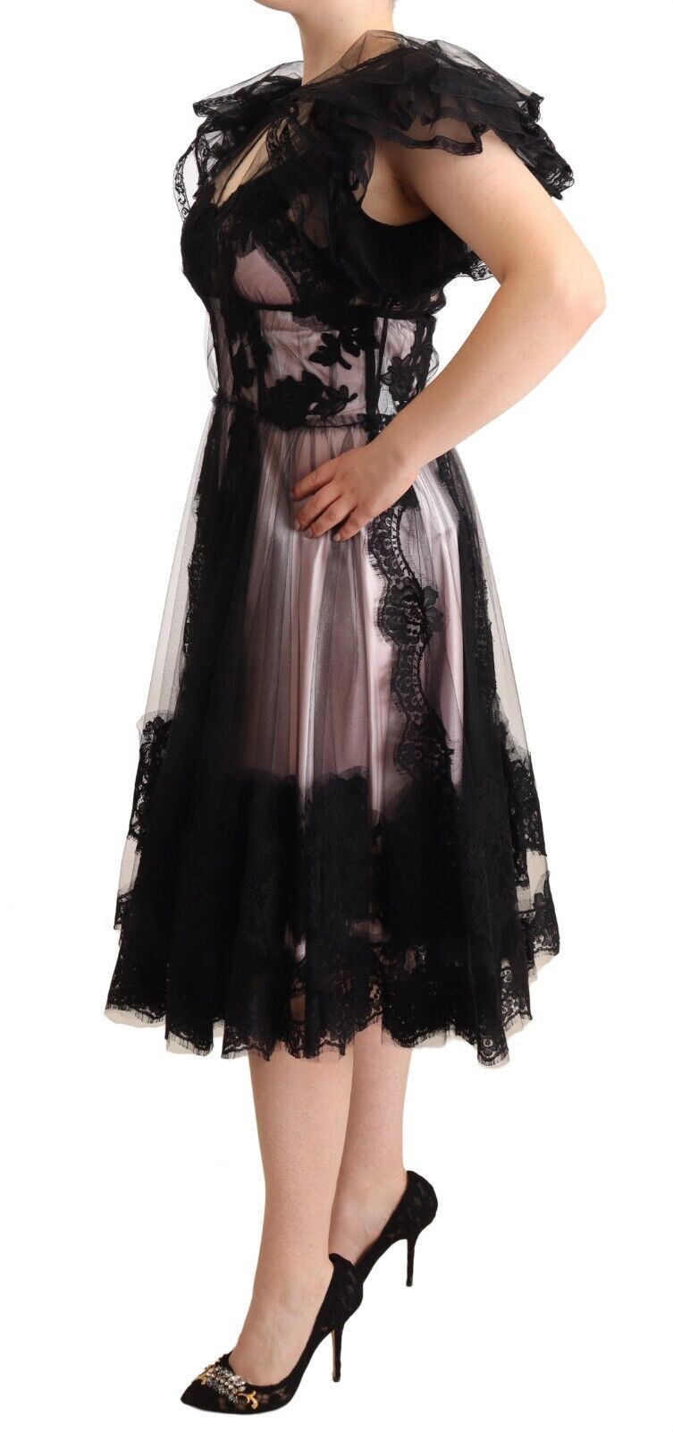 Rochie midi Dolce &amp; Gabbana Chic neagră cu imprimeu floral din dantelă