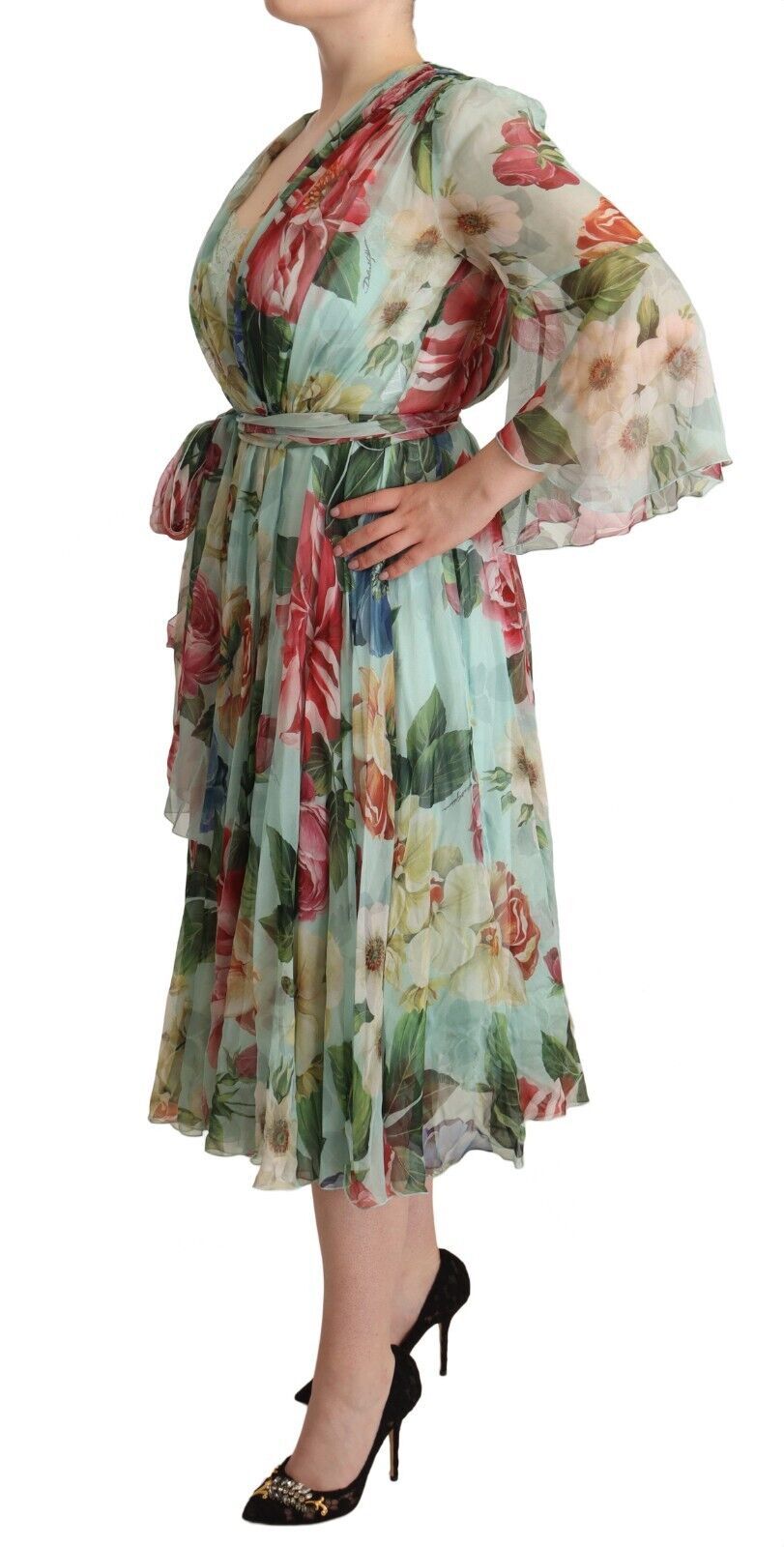 Rochie midi elegantă din mătase verde cu imprimeu floral Dolce &amp; Gabbana