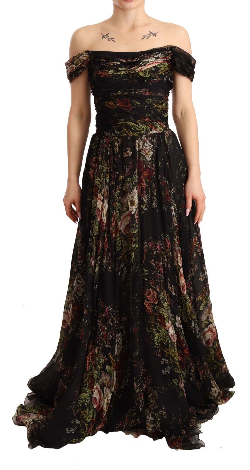Rochie lungă cu umeri goi și imprimeu floral din mătase Dolce &amp; Gabbana