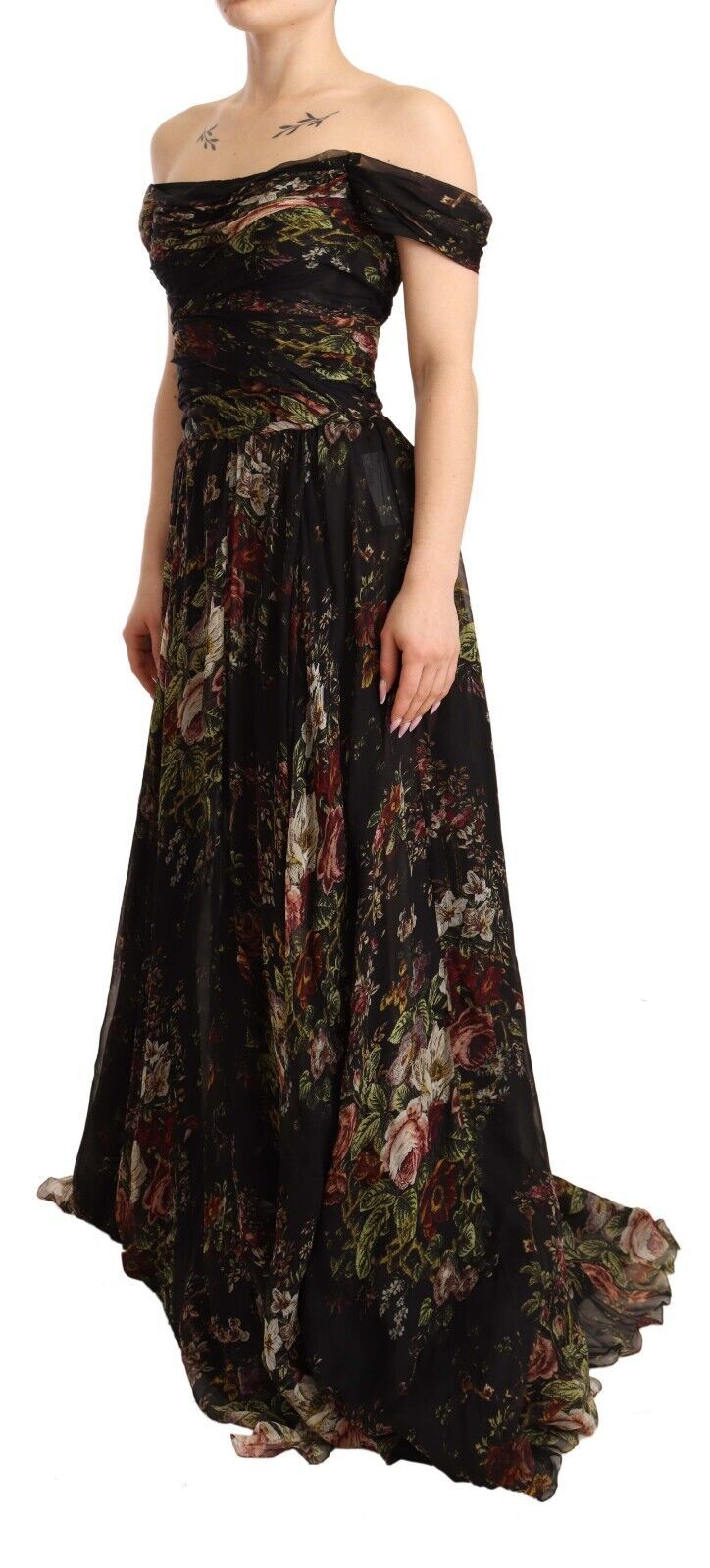 Dolce &amp; Gabbana – Langes, schulterfreies Seidenkleid mit Blumenmuster