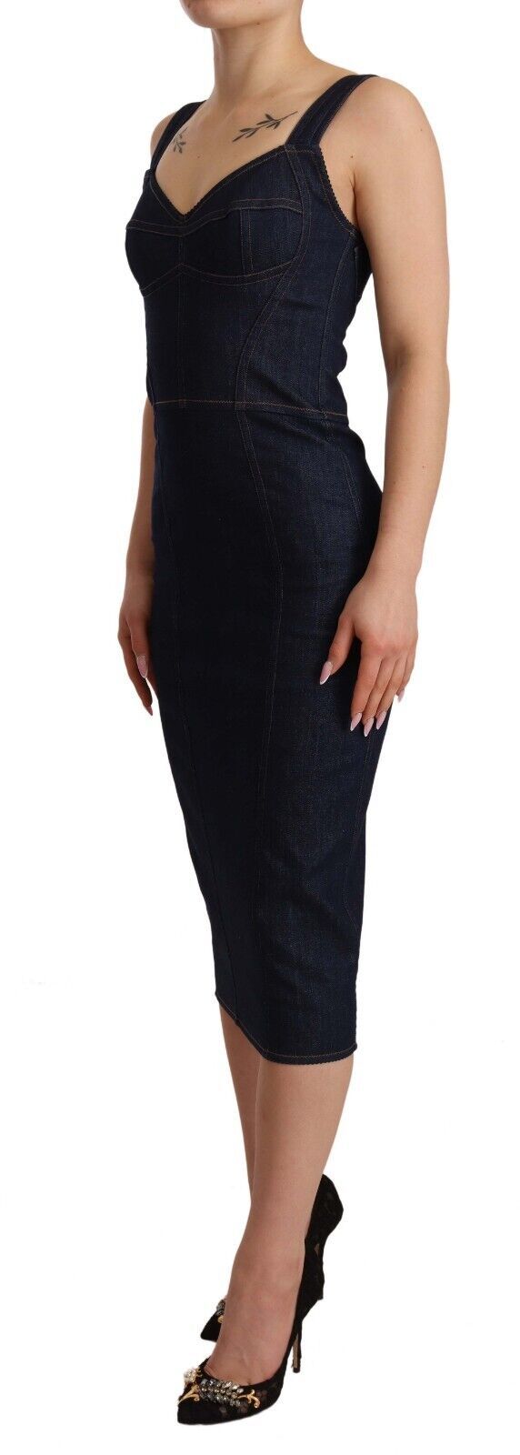 Rochie midi elegantă Dolce &amp; Gabbana din denim albastru închis, cu imprimeu țeavă