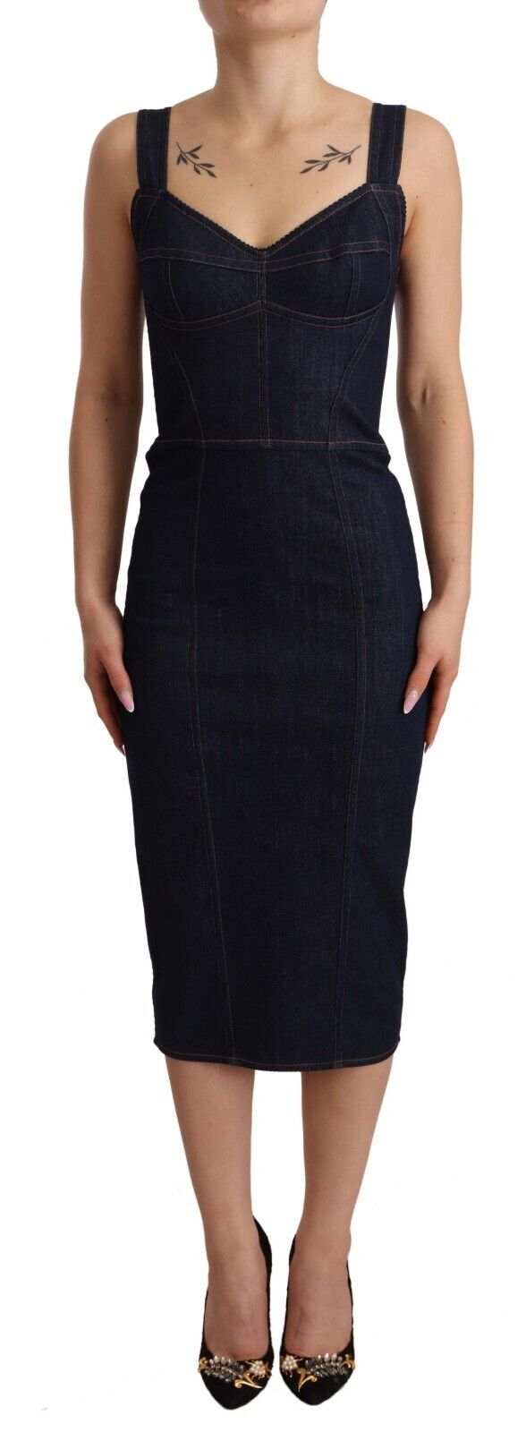 Rochie midi elegantă Dolce &amp; Gabbana din denim albastru închis, cu imprimeu țeavă